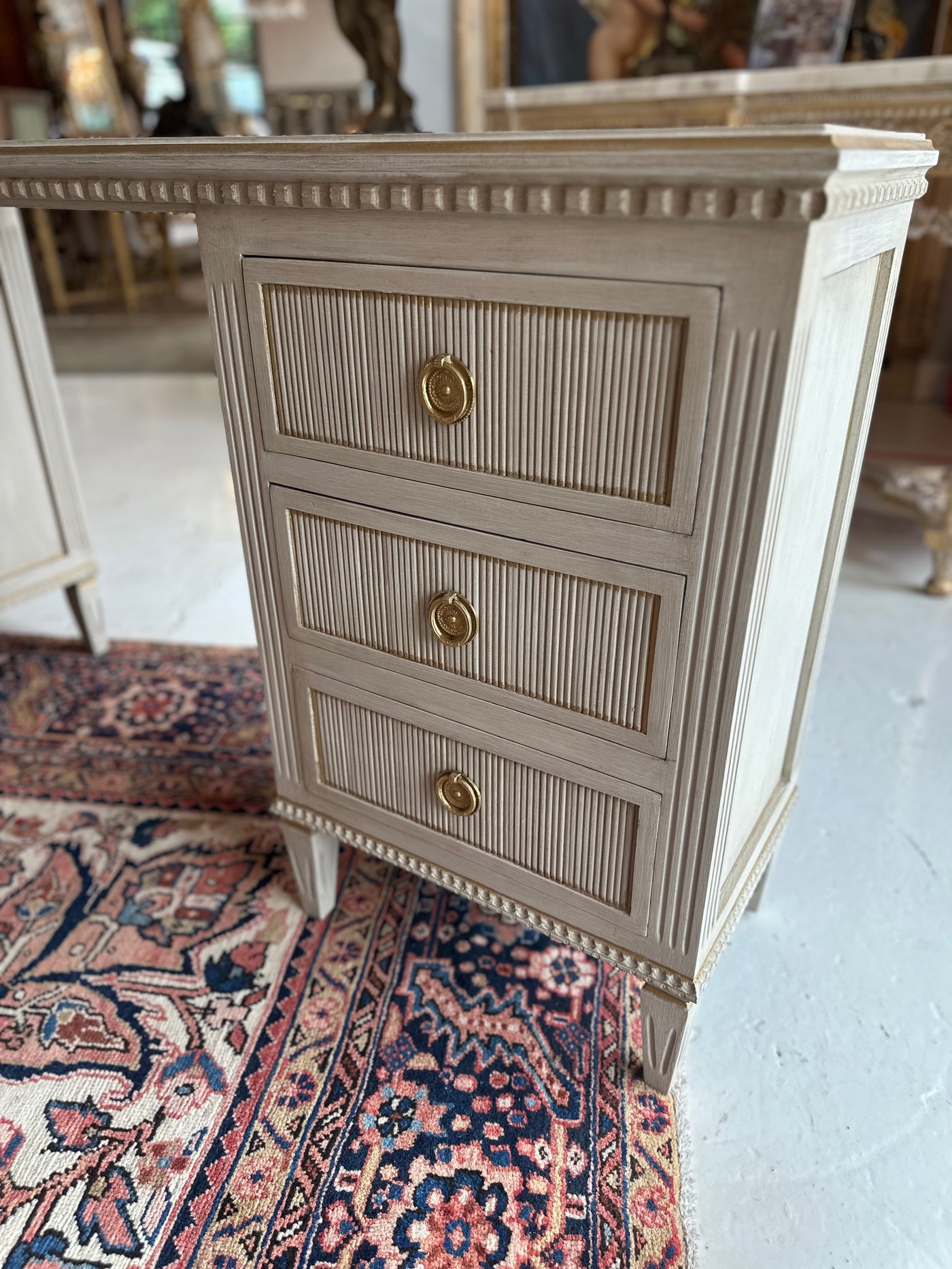 Antique Swedish Makeup Vanity Desk in Soft Gray | Le Chateau | European Luxury Furniture in Atlanta