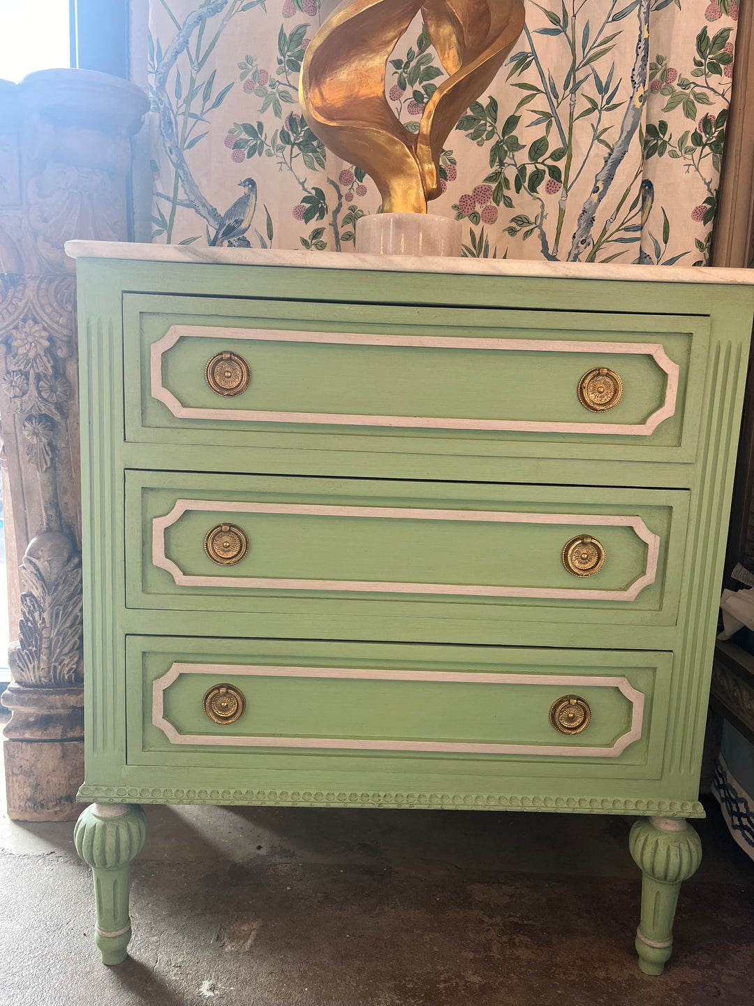 Green Swedish Nightstand with Open Trim and Marble Top Le Chateau Green Swedish Nightstand with Open Trim and Marble Top Le Chateau