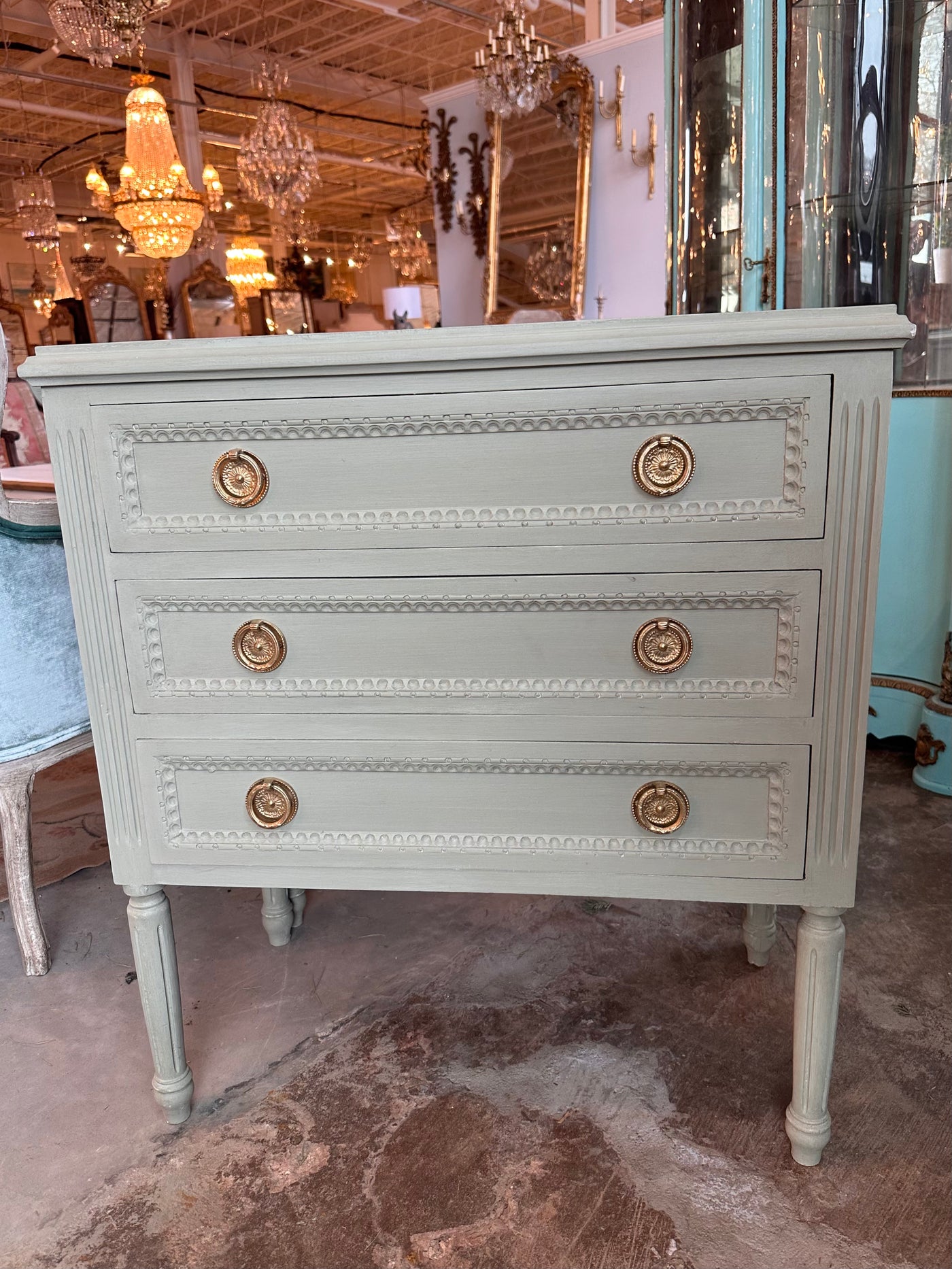 Light Green Swedish Nightstand with Fluted Round Legs | Le Chateau | European Luxury Furniture in Atlanta