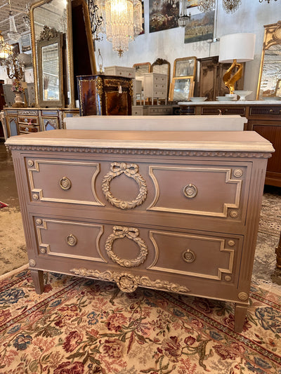 Early 1900s Swedish Wreath Carved Chest in Mauve | Le Chateau | European Luxury Furniture in Atlanta