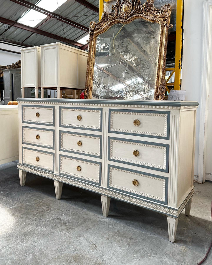 Swedish 9 Drawer Dresser with Blue Trim
