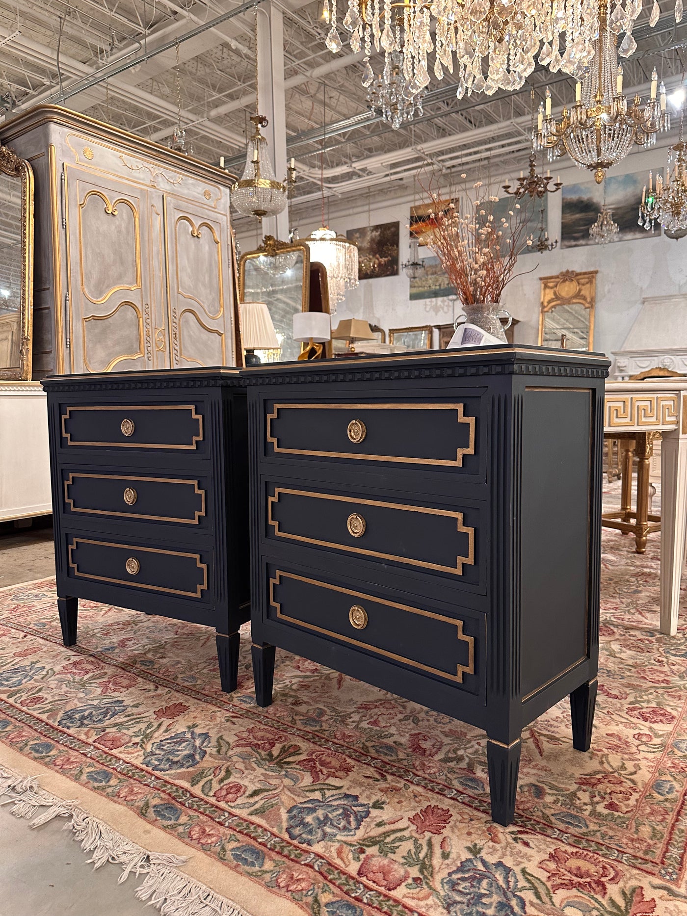 Swedish Nightstand in Navy with Gold Trim