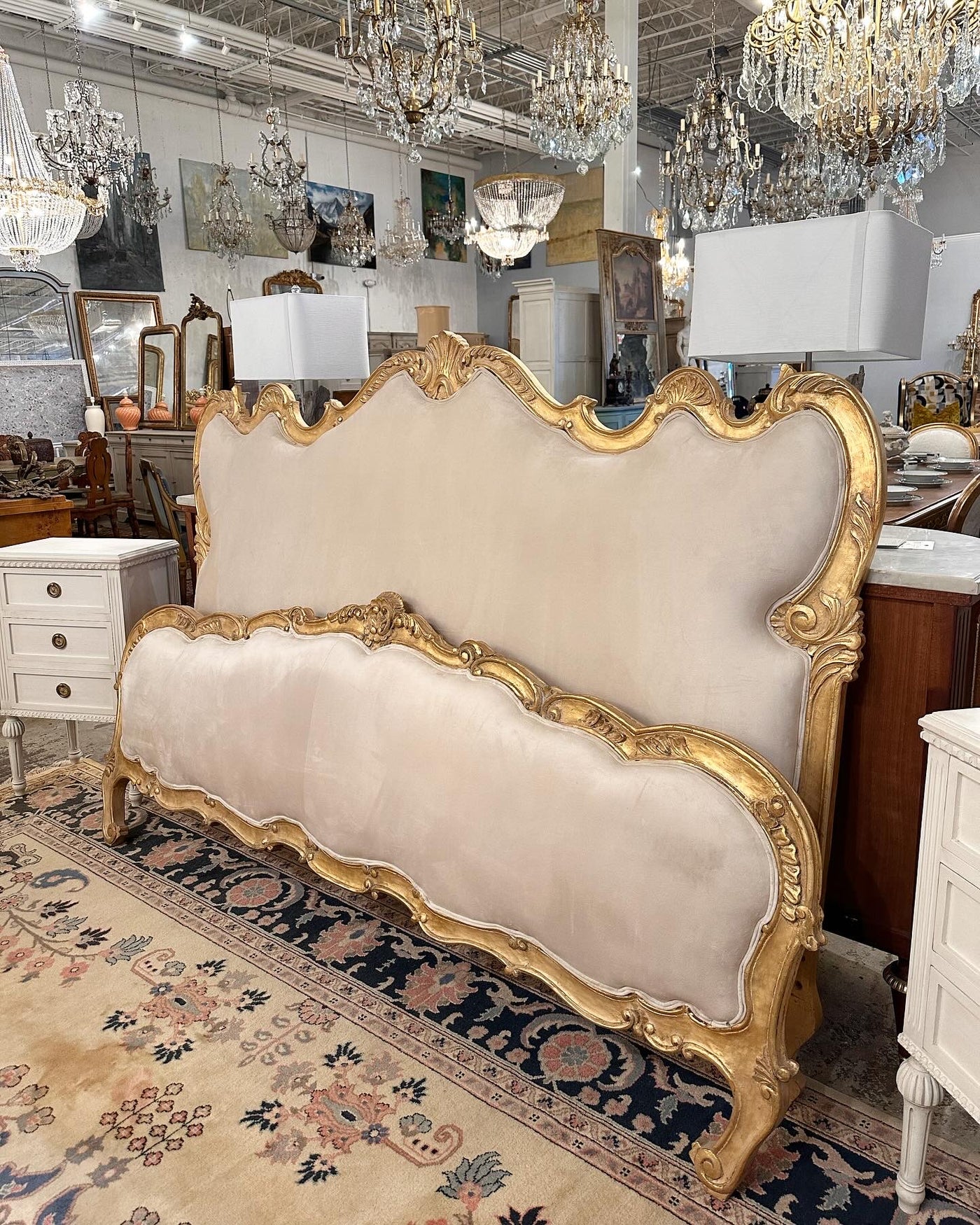 French Queen Size Bed Set with Off-White Upholstery