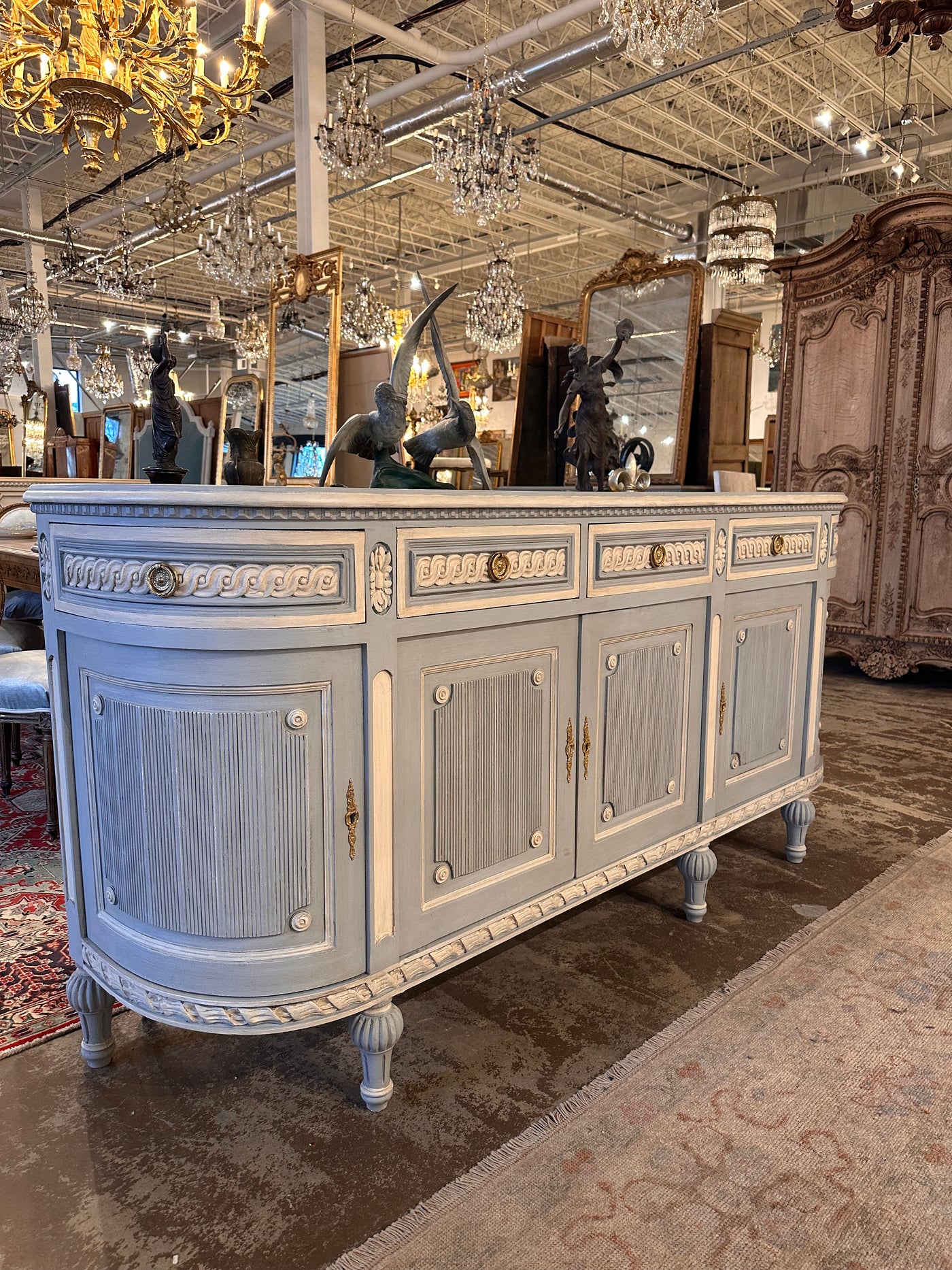 Antique Swedish Demilune Sideboard in French Blue & White | Le Chateau | European Luxury Furniture in Atlanta