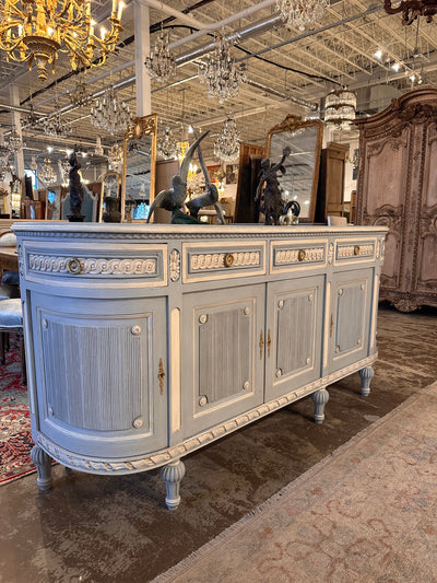 Antique Swedish Demilune Sideboard in French Blue & White | Le Chateau | European Luxury Furniture in Atlanta