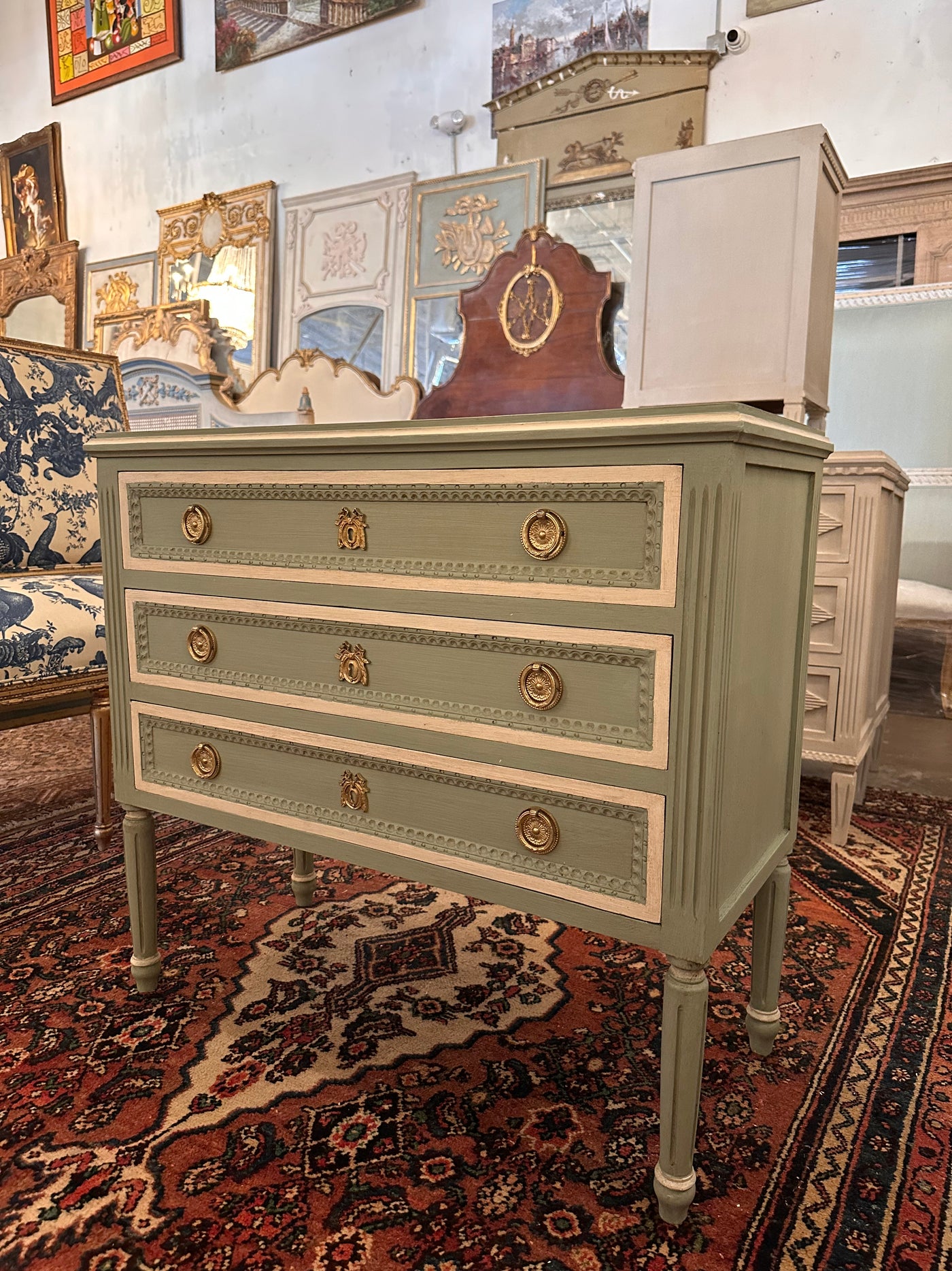 Green & White Swedish Chest with Rounded Legs