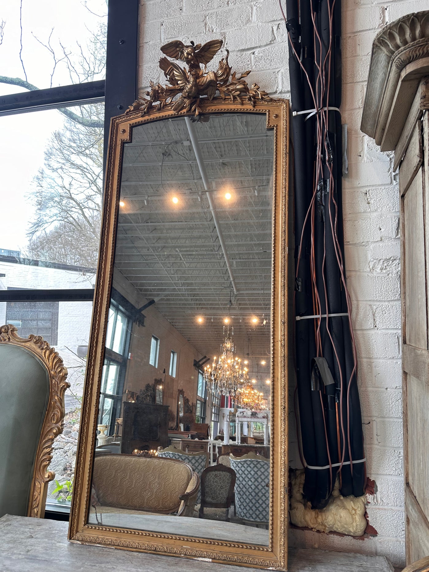 French Antique Mirror with Carved Birds