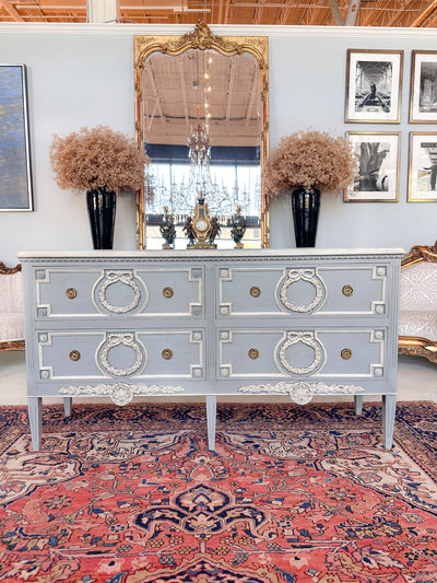 Swedish 4 Drawer Dresser in Soft Blue and White Trim