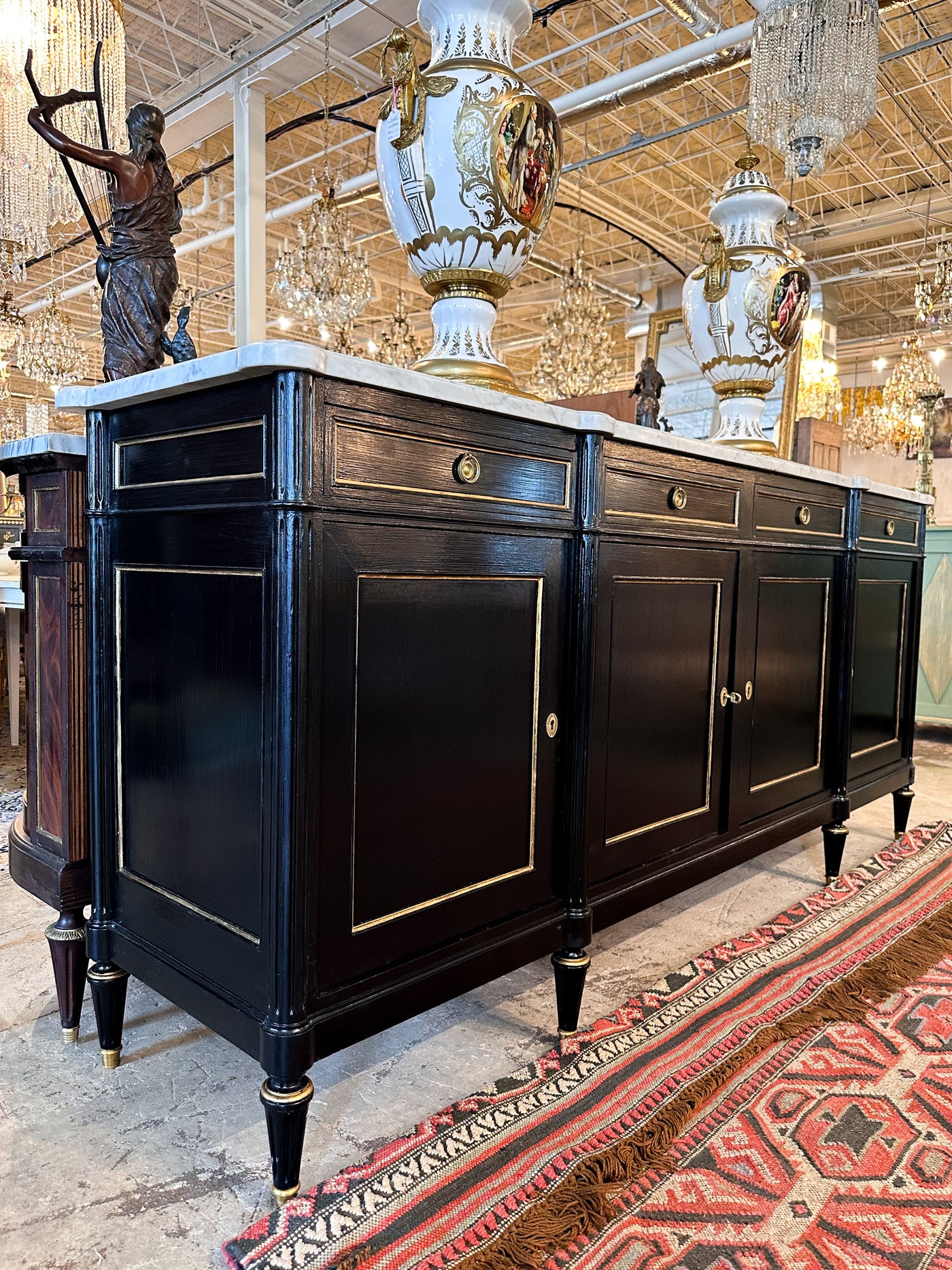 Black Lacquered Louis XVI Sideboard with White Marble