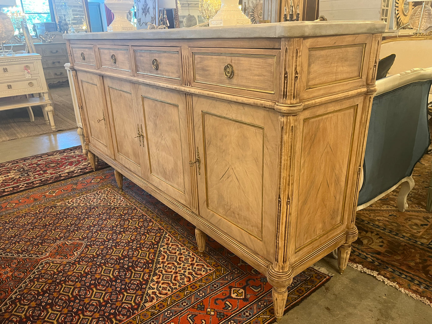 Louis XVI Natural Burl Wood Sideboard with Marble Top