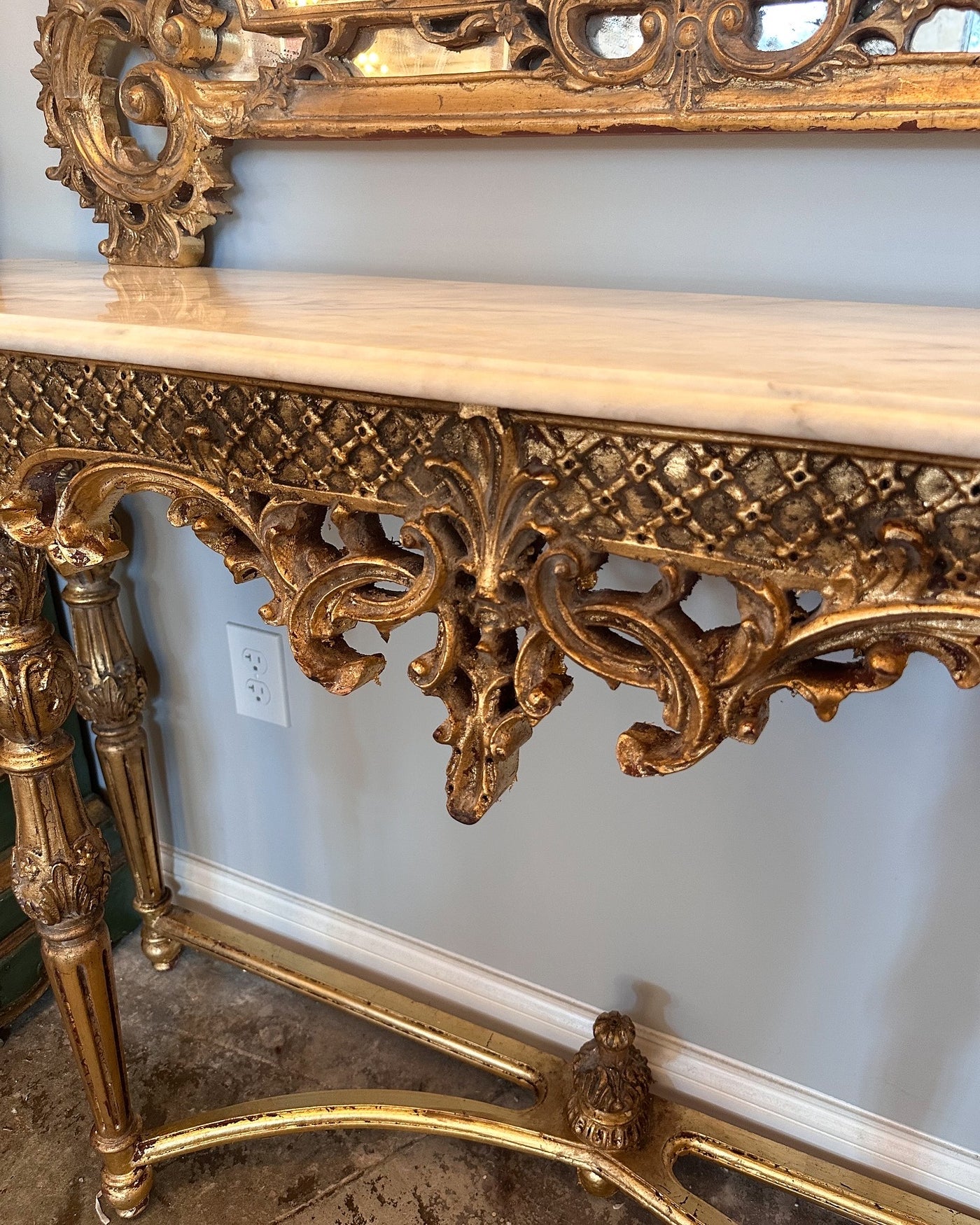 Antique French Giltwood Louis XVI Half Moon Console with Marble Top | Le Chateau | European Luxury Furniture in Atlanta