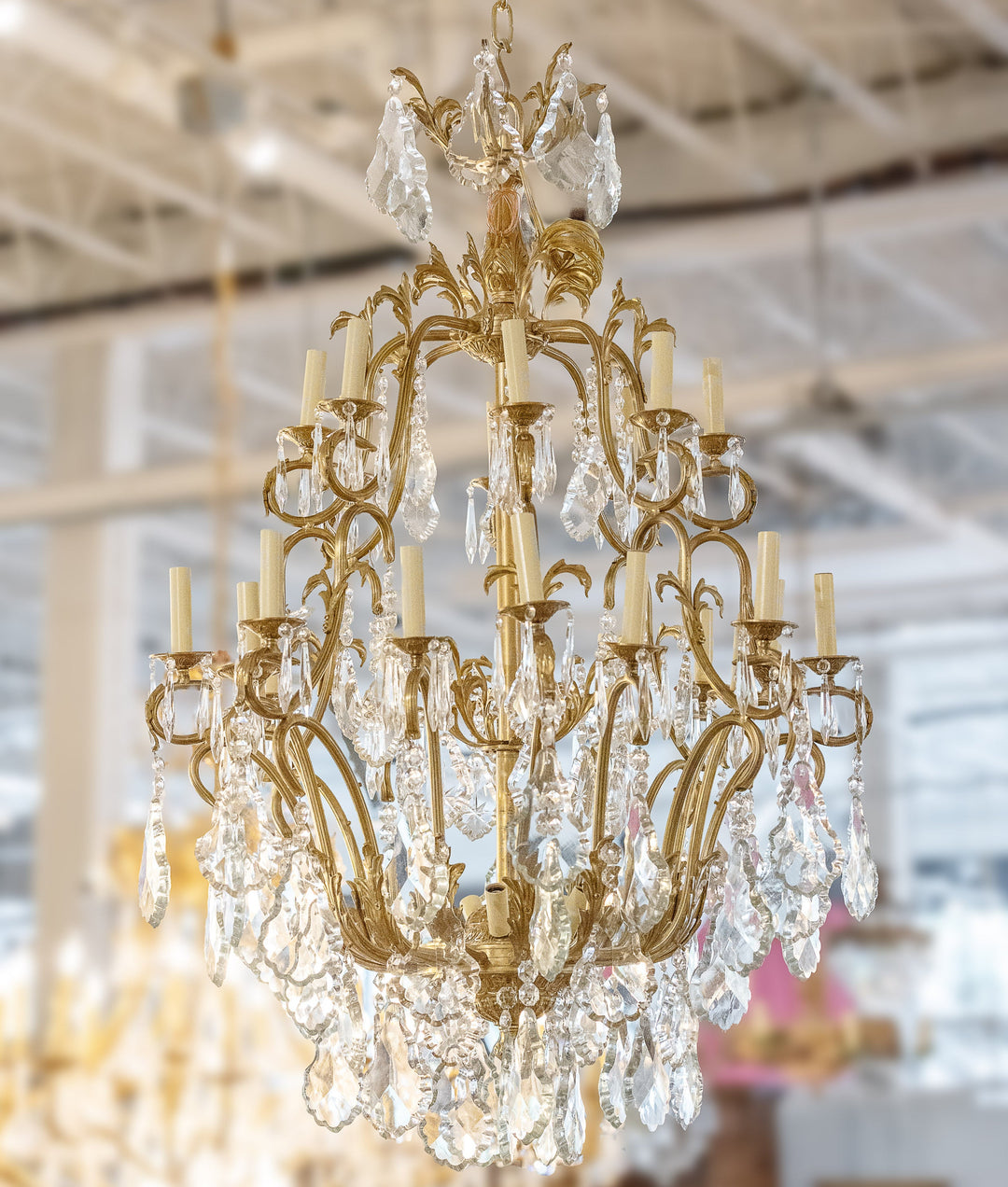 French Crystal Cage Chandelier – Gilded Frame with Cascading Prisms