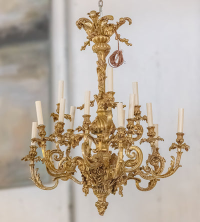 Grand Antique Brass Candelabra Chandelier with Intricate Carvings | Le Chateau | European Luxury Furniture in Atlanta