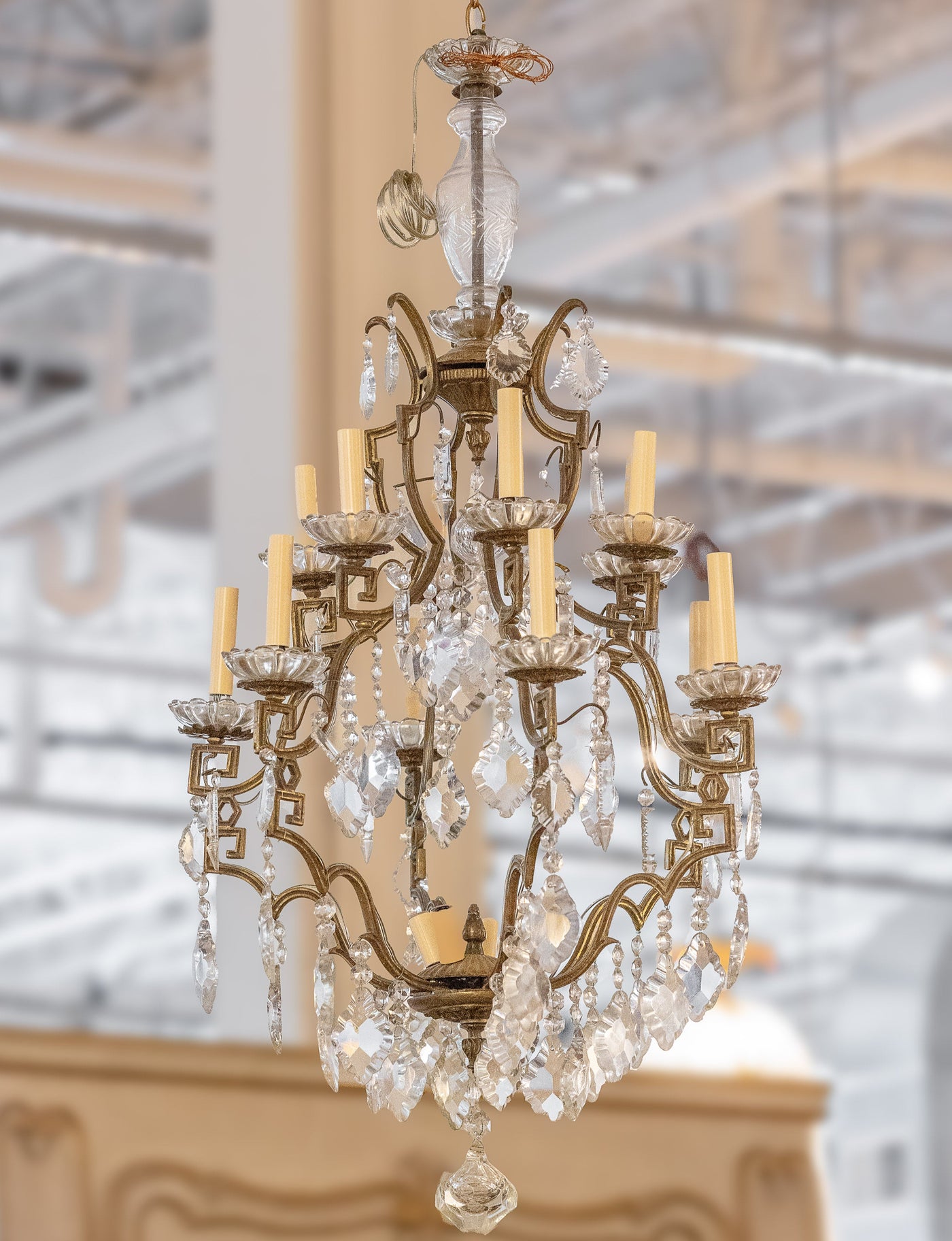 Antique Greek Key Chandelier with Crystal Accents | Le Chateau | European Luxury Furniture in Atlanta