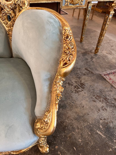 Antique French Louis XV Chaise Lounge in Baby Blue Velvet