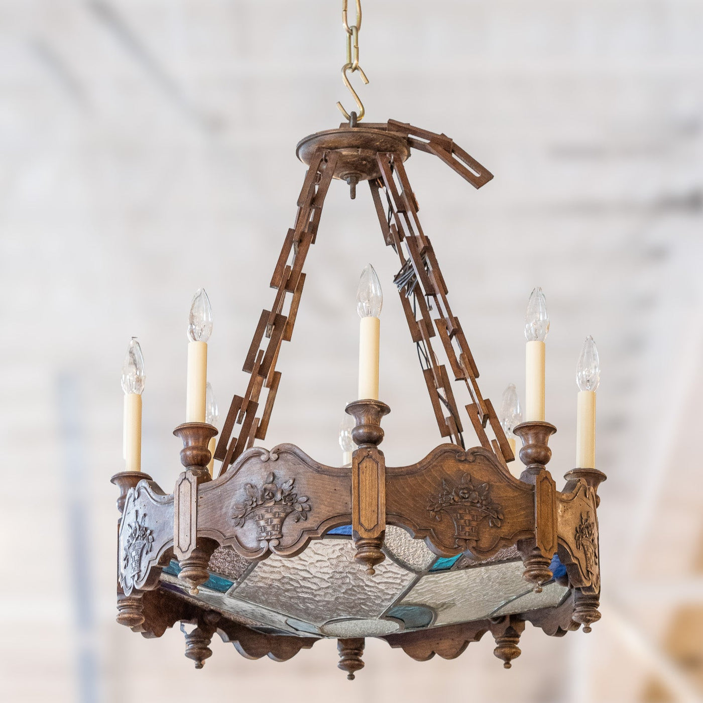 Vintage Gothic Revival Chandelier – Carved Wood Frame with Tiffany Glass Panels