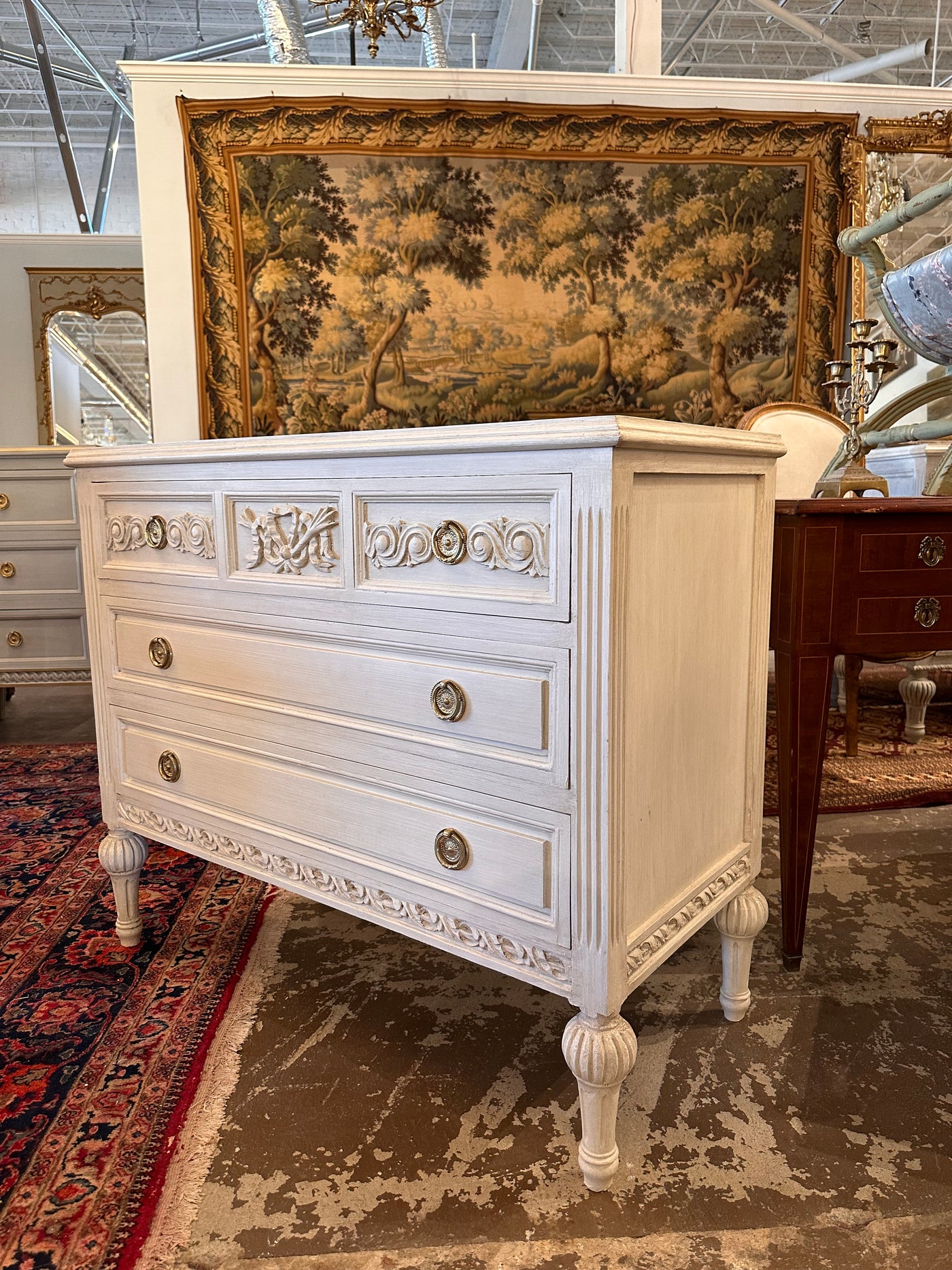 Swedish Chest with Carved Drawer Details & Ballerina Legs | Le Chateau | European Luxury Furniture in Atlanta