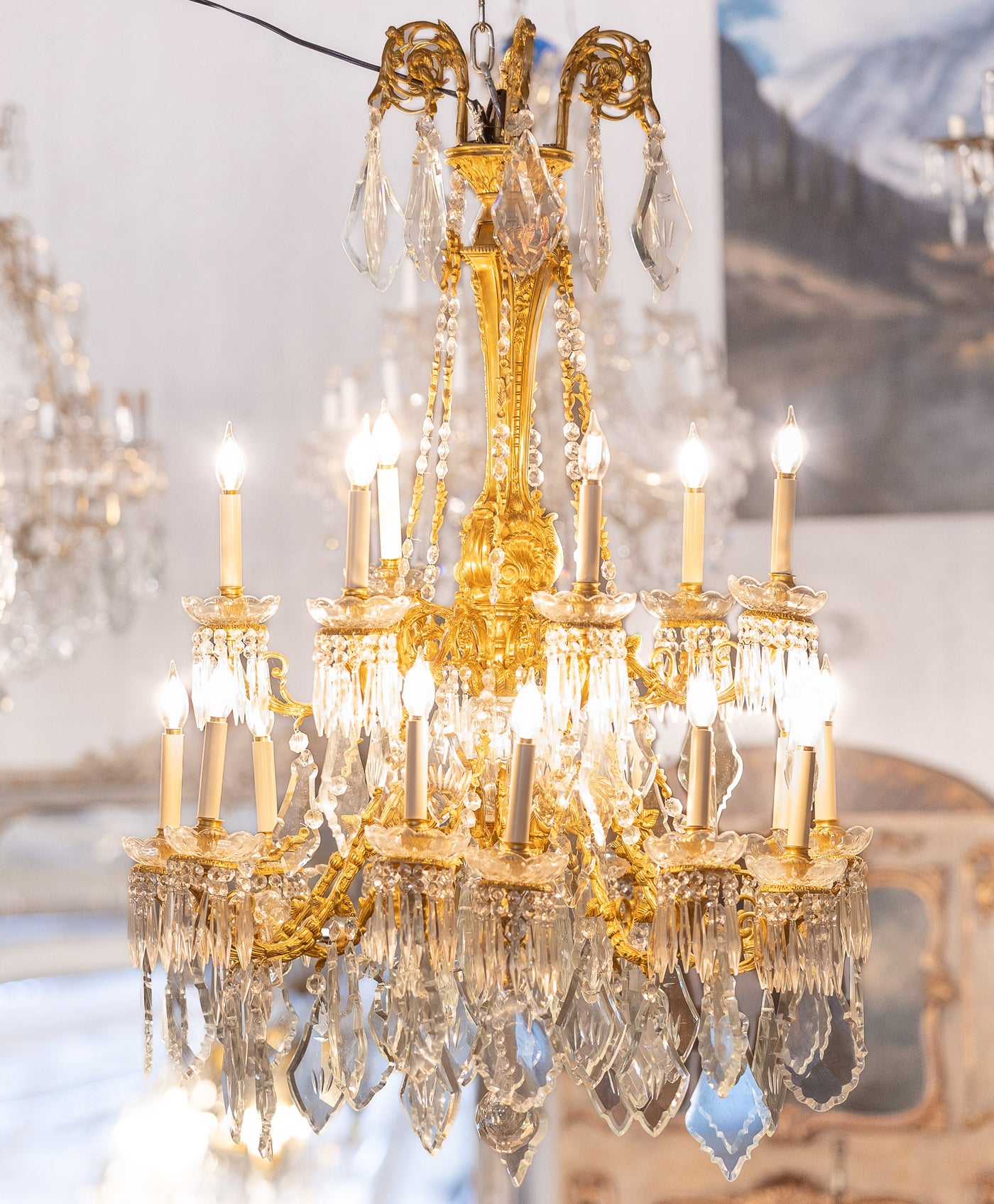 Louis XVI Gilded Brass Chandelier – Crystal Prism Drops
