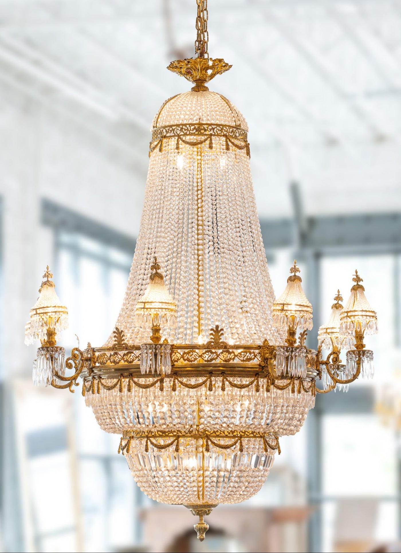 Grand Empire Basket Chandelier – Gilded Brass with Draped Crystals