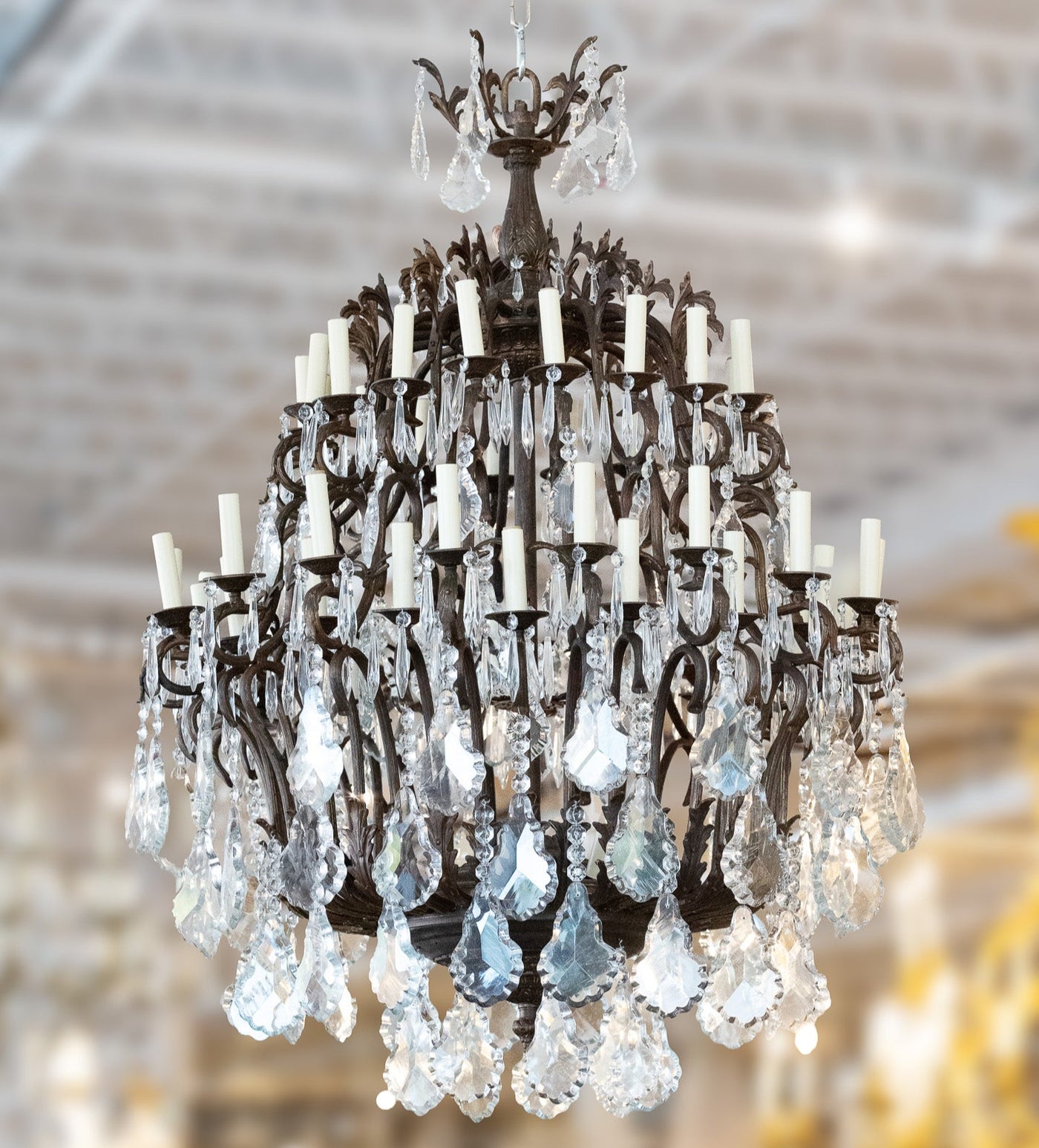 French Candelabra Round-Form Crystal Chandelier – Dark Brass Frame with Cascading Prisms