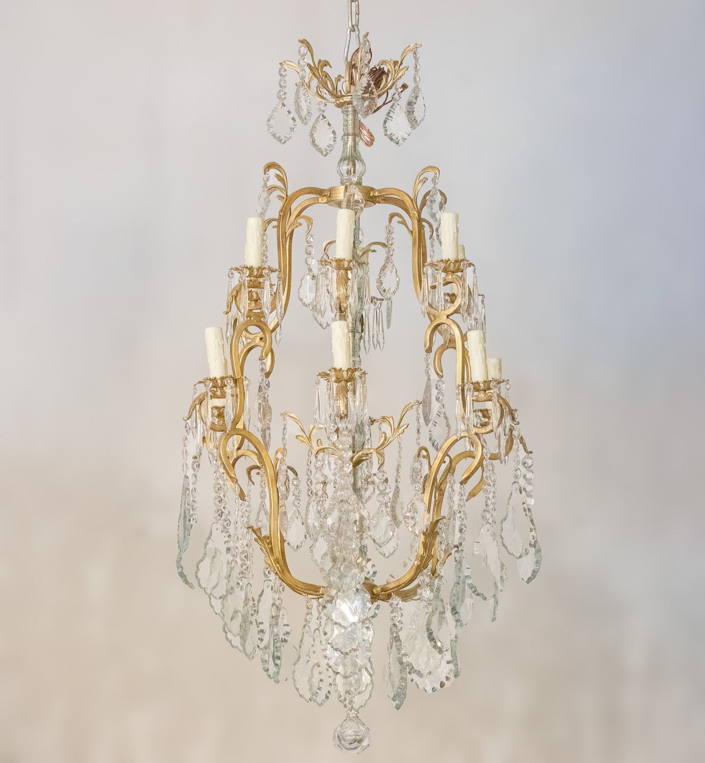French Cage Gilded Chandelier – Brass Frame with Crystal Pendants