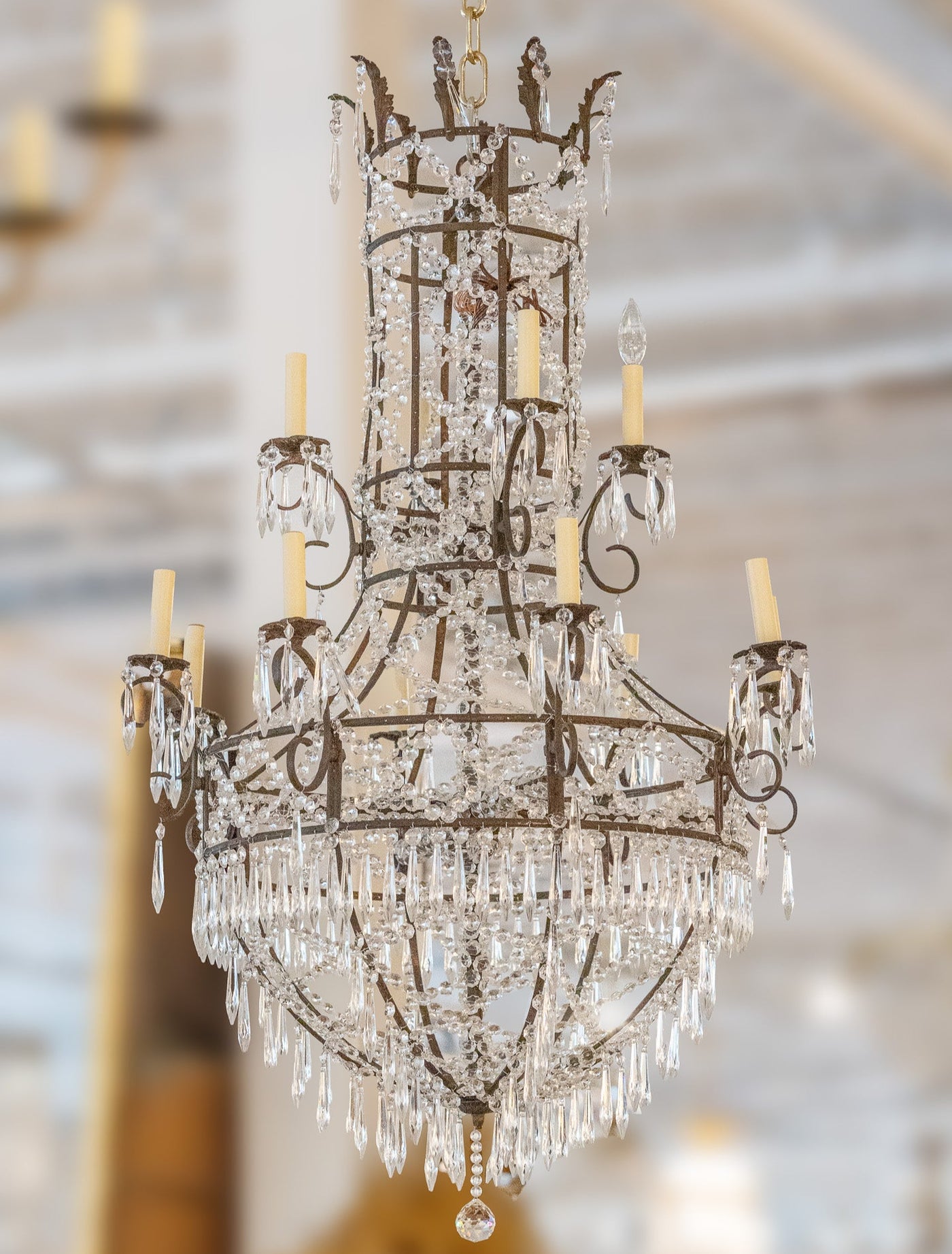 French Empire Cage Chandelier – Dark Brass Frame with Crystal Drops