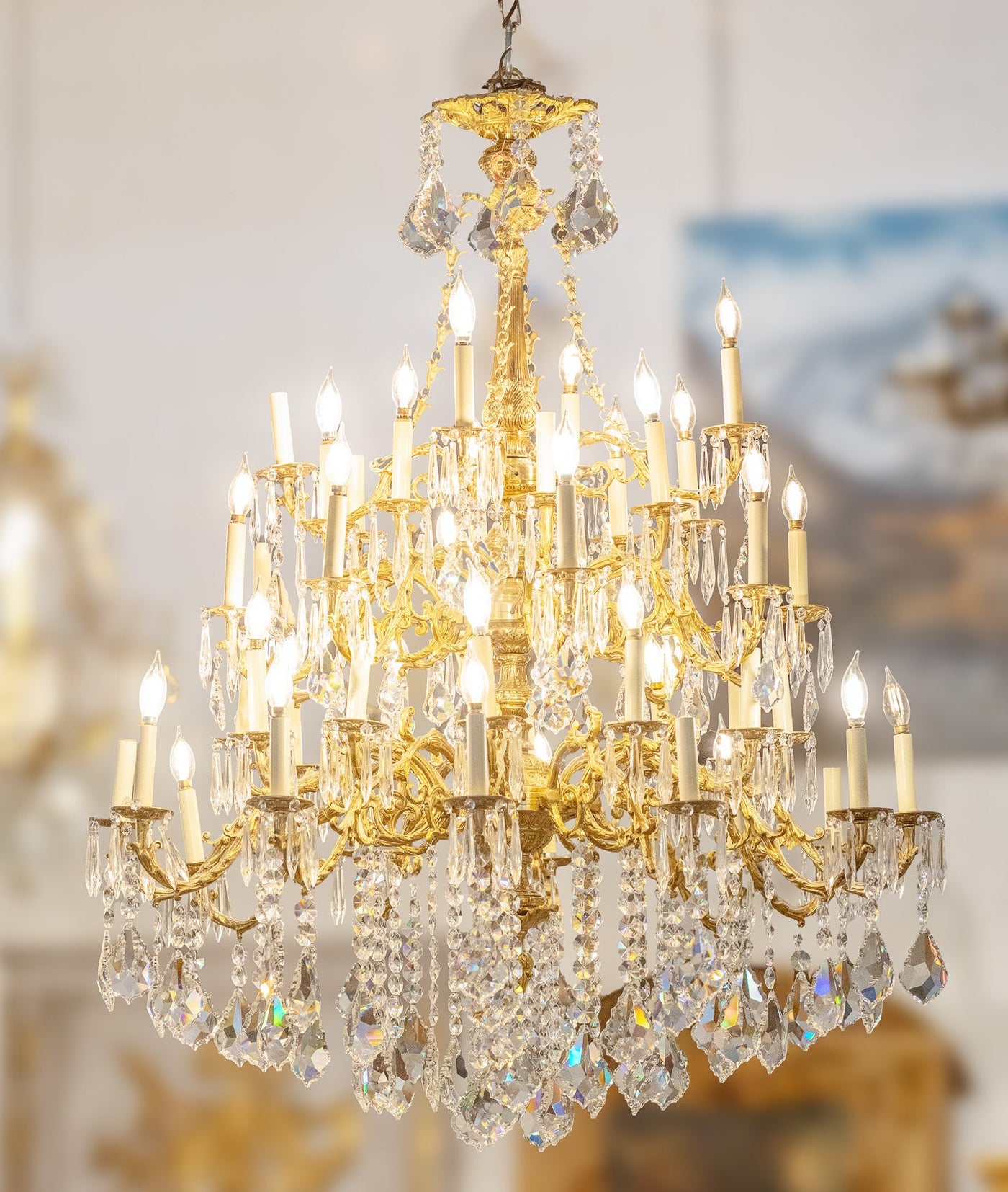 French Brass & Swarovski Crystal Candelabra Classic Chandelier
