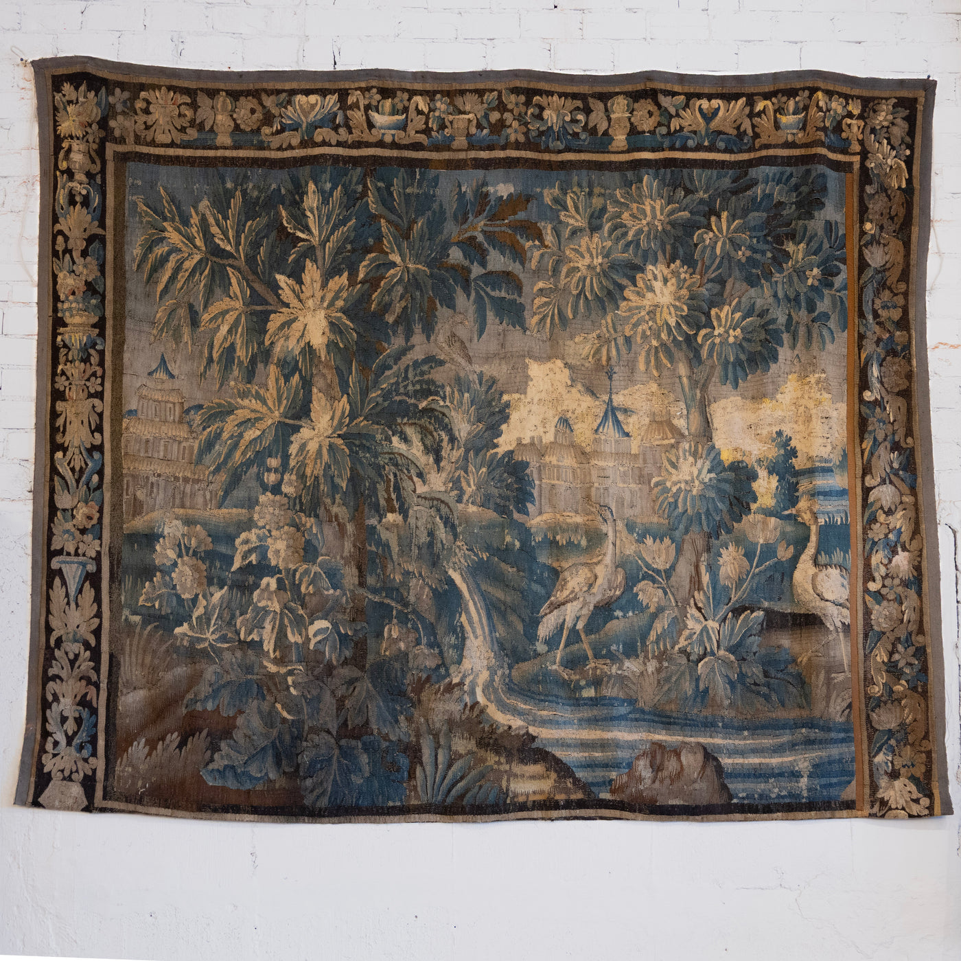 Antique French Flemish Tapestry – Handwoven Verdure Scene with Birds & Architecture