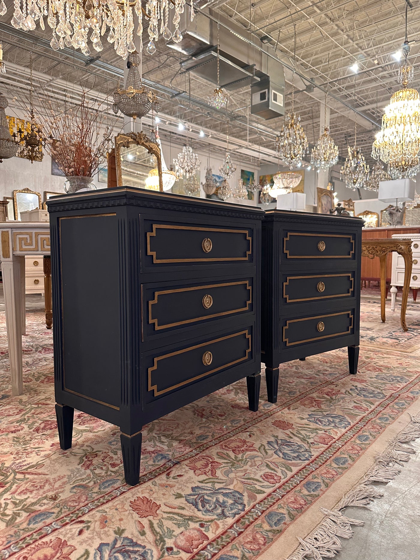 Swedish Nightstand in Navy with Gold Trim