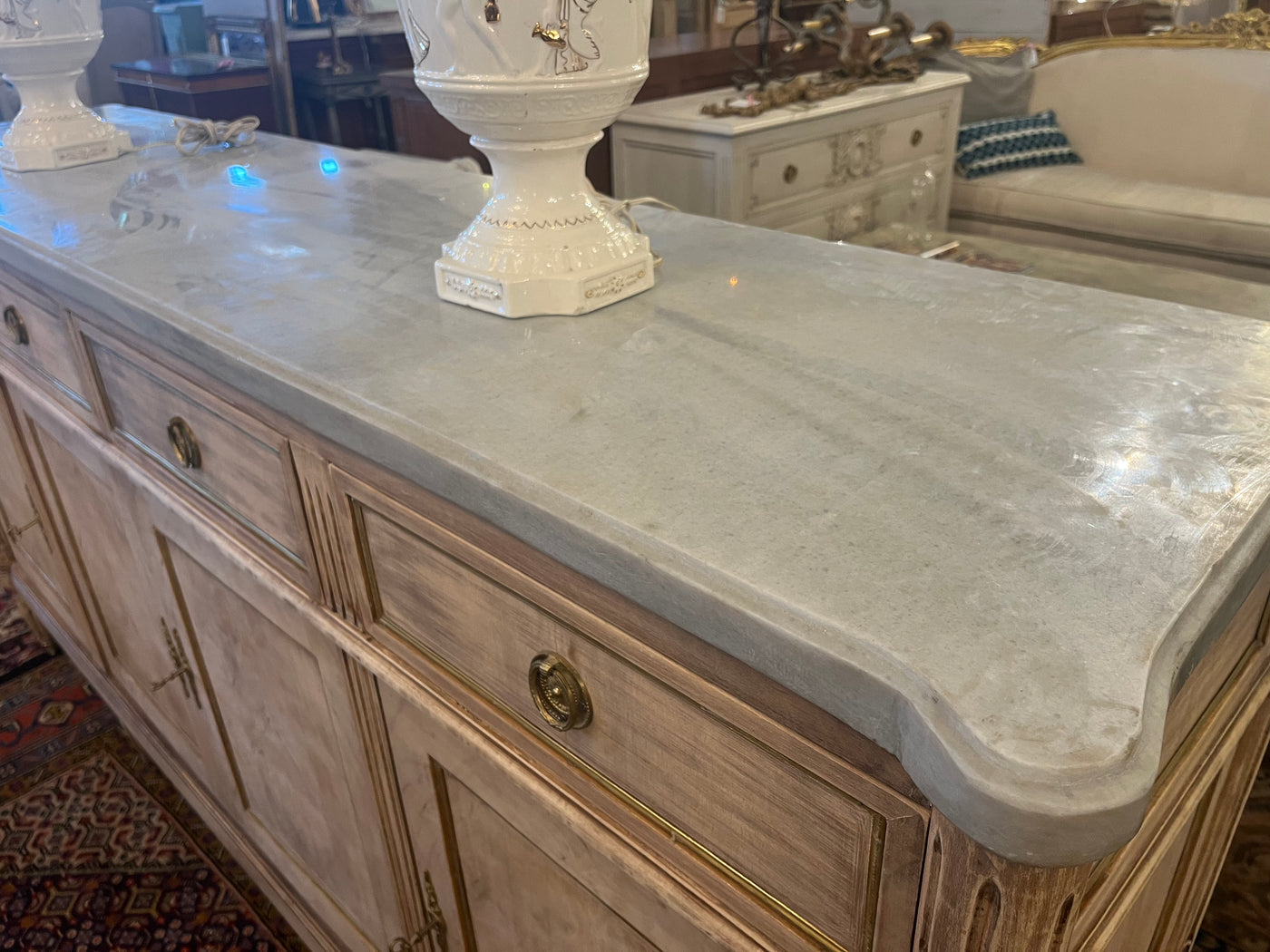 Louis XVI Natural Burl Wood Sideboard with Marble Top