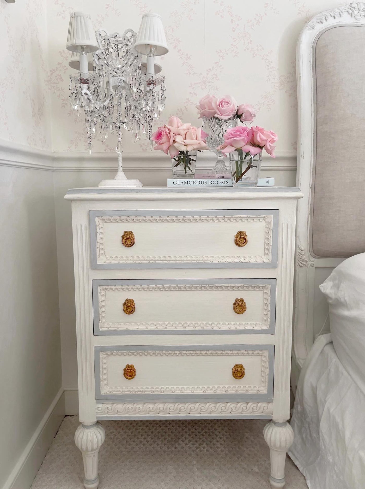 Swedish Nightstand with Ballerina Legs in an Off-White with Light Blue Trim