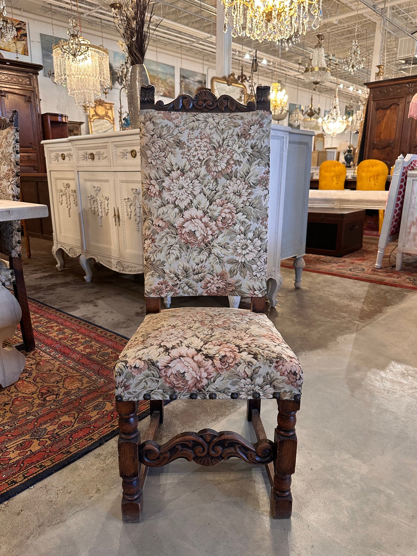 Carved Dining Chair with Floral Upholstery