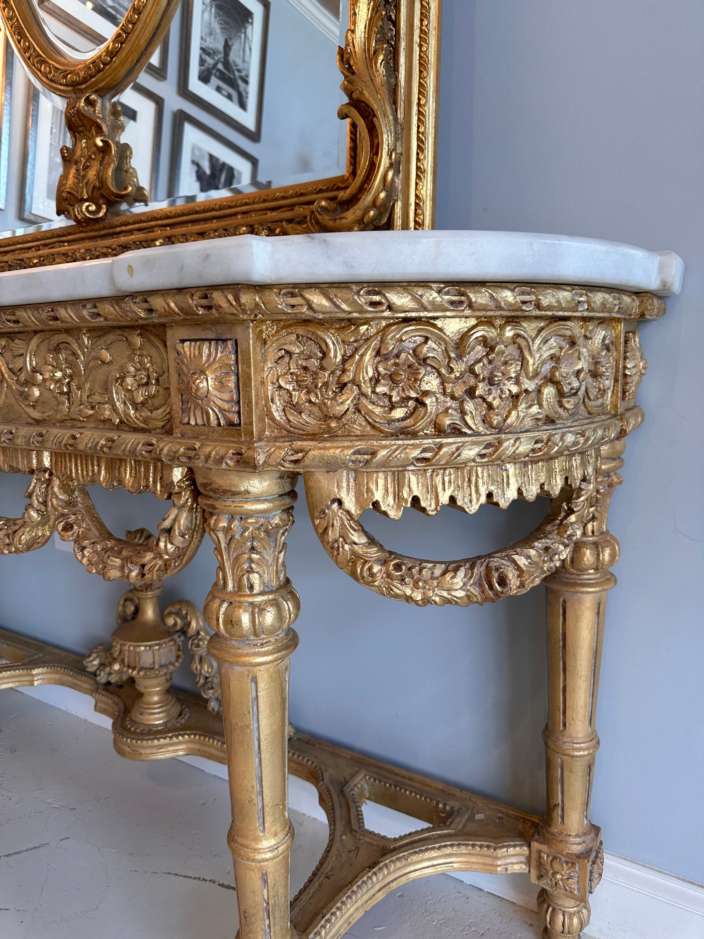 Marble Top Demilune Console with Swag Carving