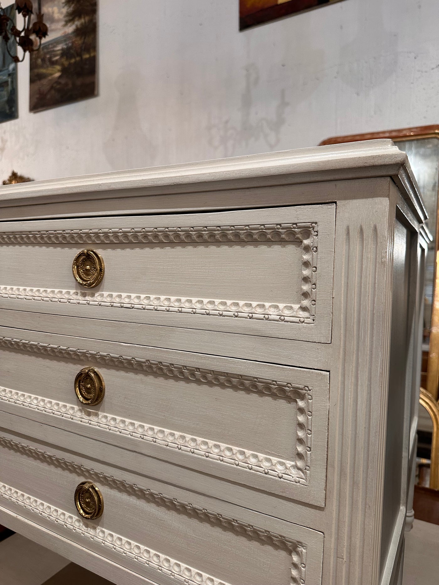 Swedish Nightstand with Beaded Drawers and Fluted Legs