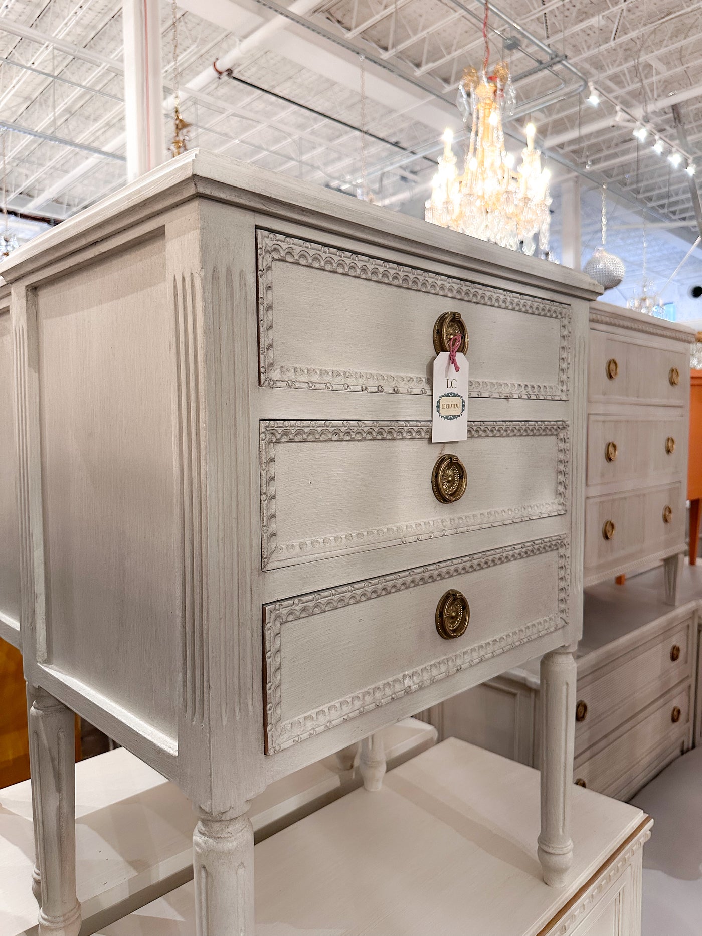 Swedish Nightstand with Beaded Drawers and Fluted Legs