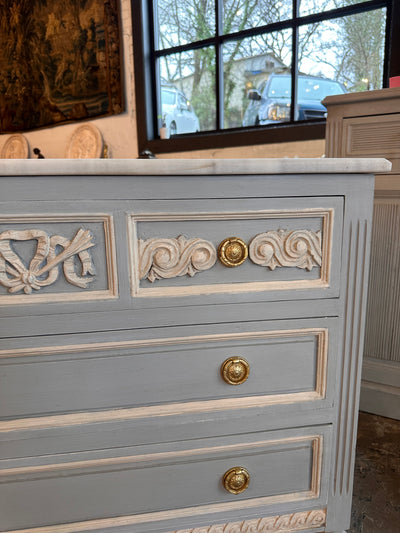 Early 1900s Swedish Marble Top Chest in Blue with White | Le Chateau | European Luxury Furniture in Atlanta