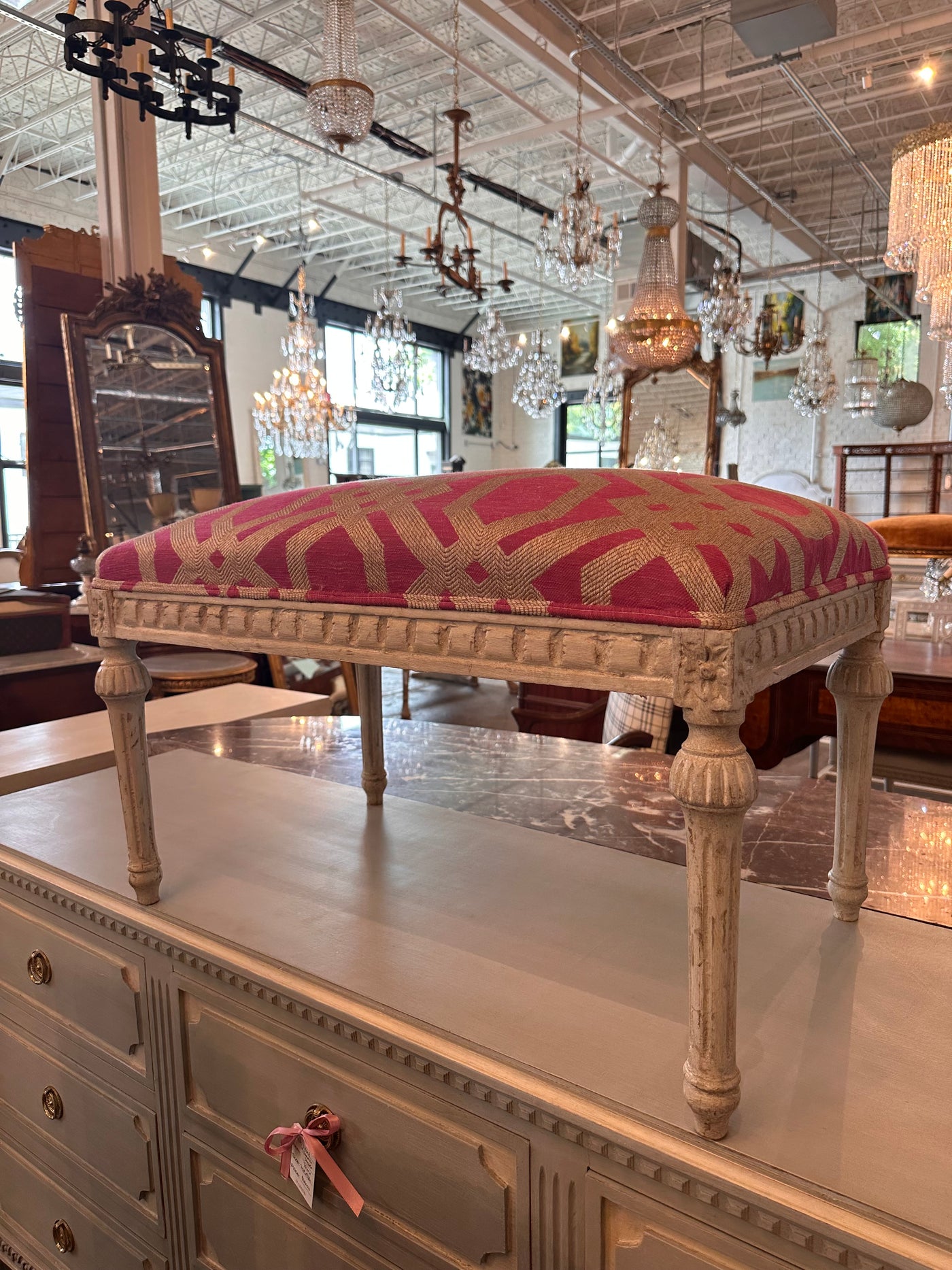 Pink Printed Louis XVI Bench with Ballerina Legs | Le Chateau | European Luxury Furniture in Atlanta