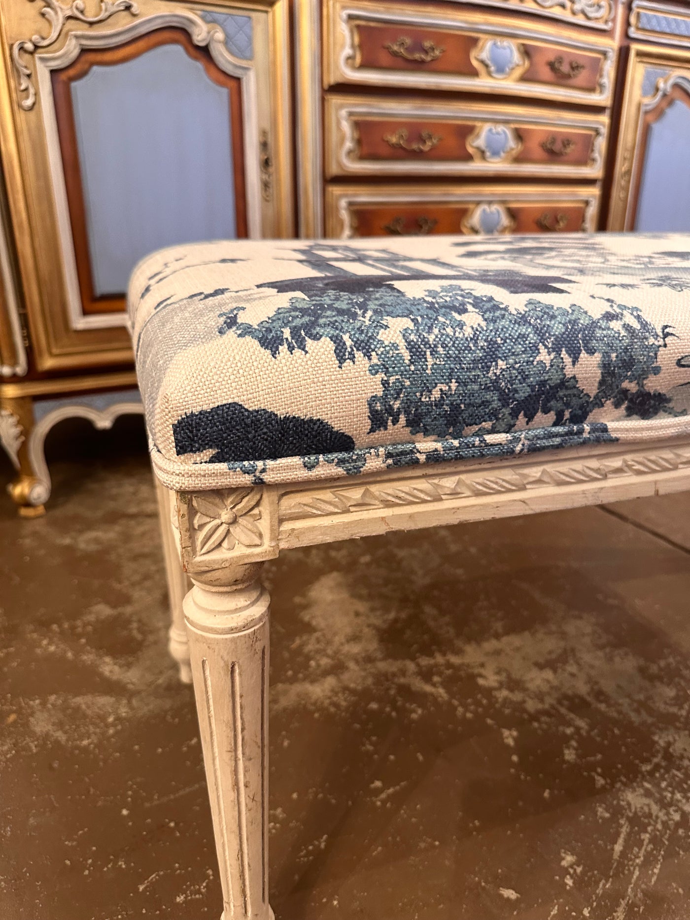 Louis XVI Blue & White Bench | Le Chateau | European Luxury Furniture in Atlanta