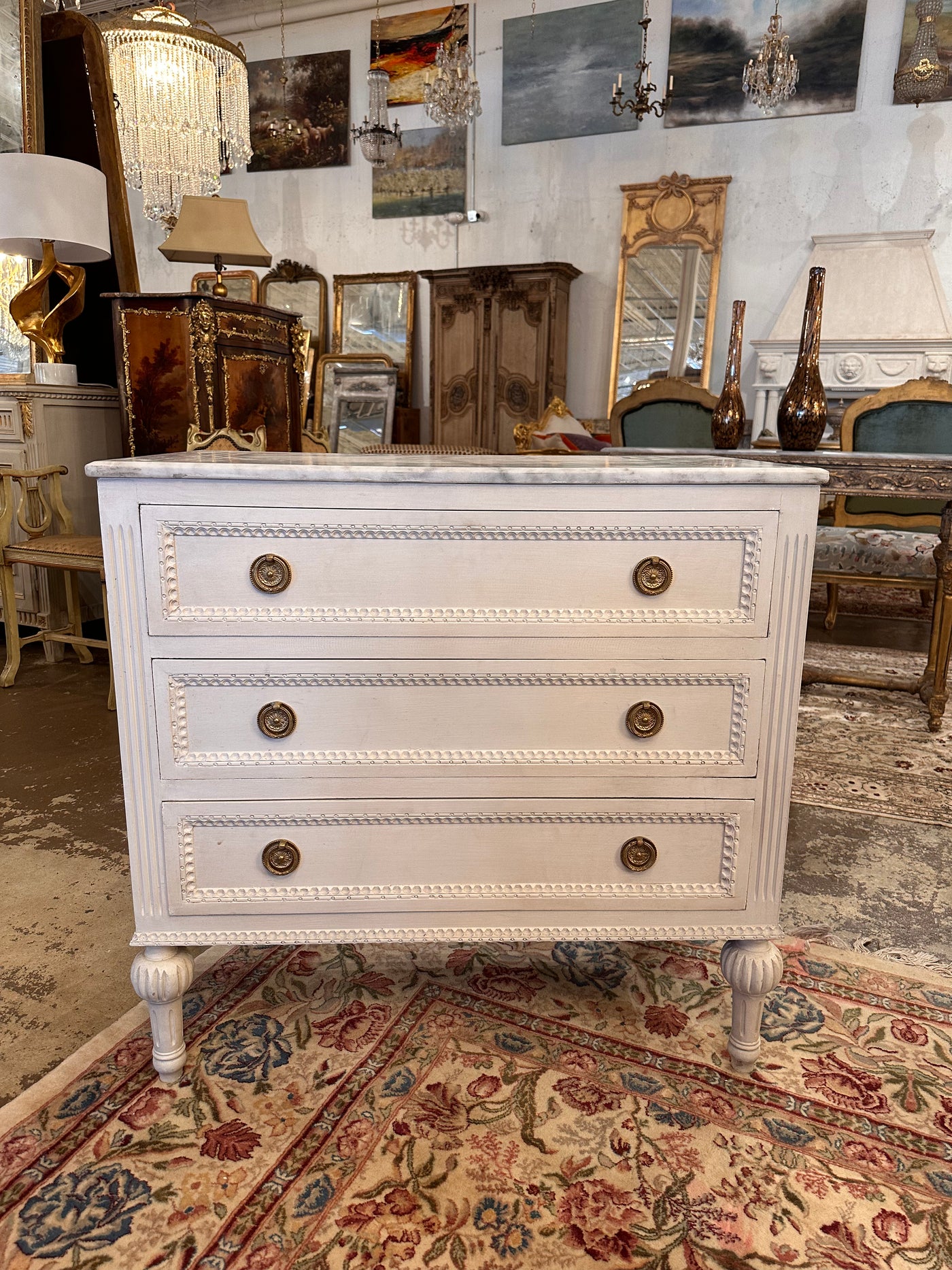 1900s White Swedish Marble Top Chest | Le Chateau | European Luxury Furniture in Atlanta