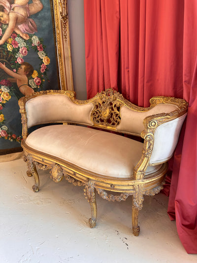 Louis XV Ornate Off White Velvet Settee