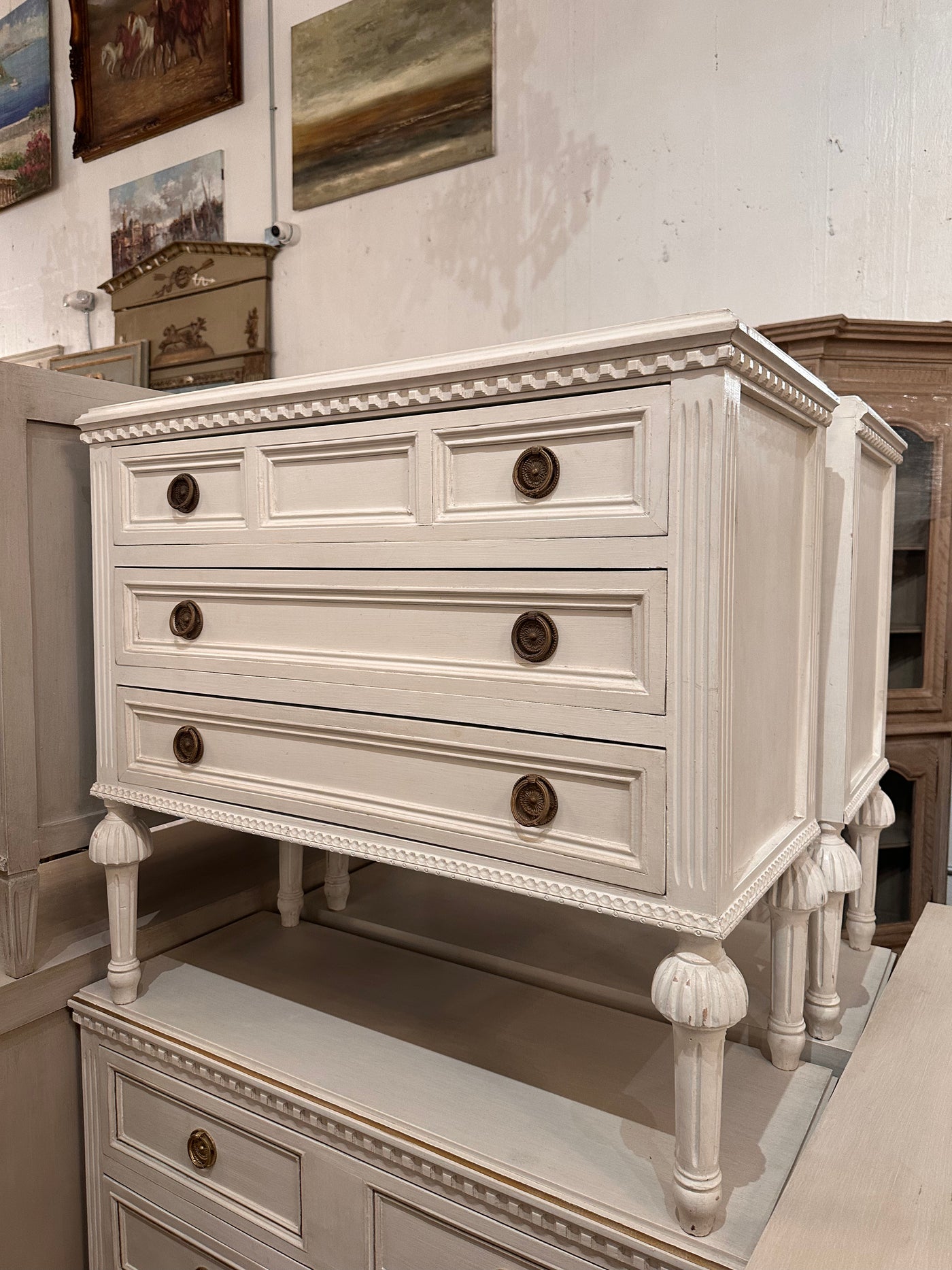 Swedish Chest With Ballerina Legs in Antique White | Le Chateau | European Luxury Furniture in Atlanta