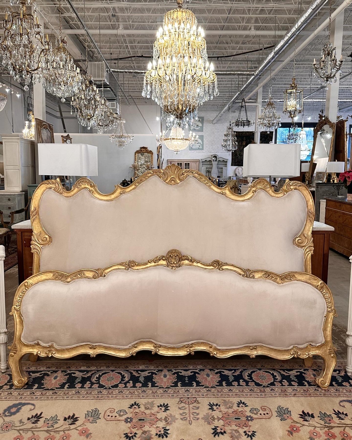 French Queen Size Bed Set with Off-White Upholstery