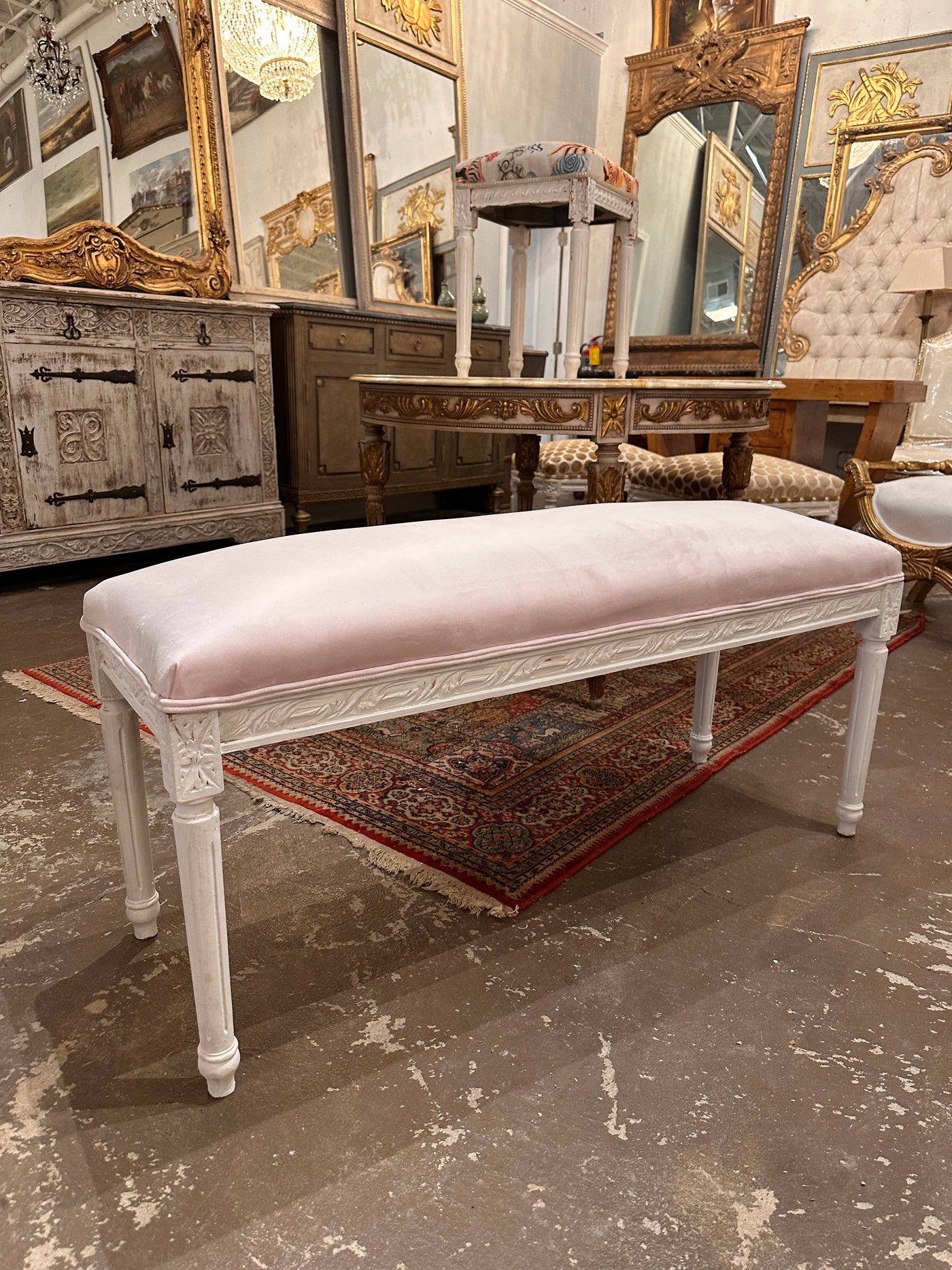 Louis XVI Bench with Light Pink Velvet Fabric