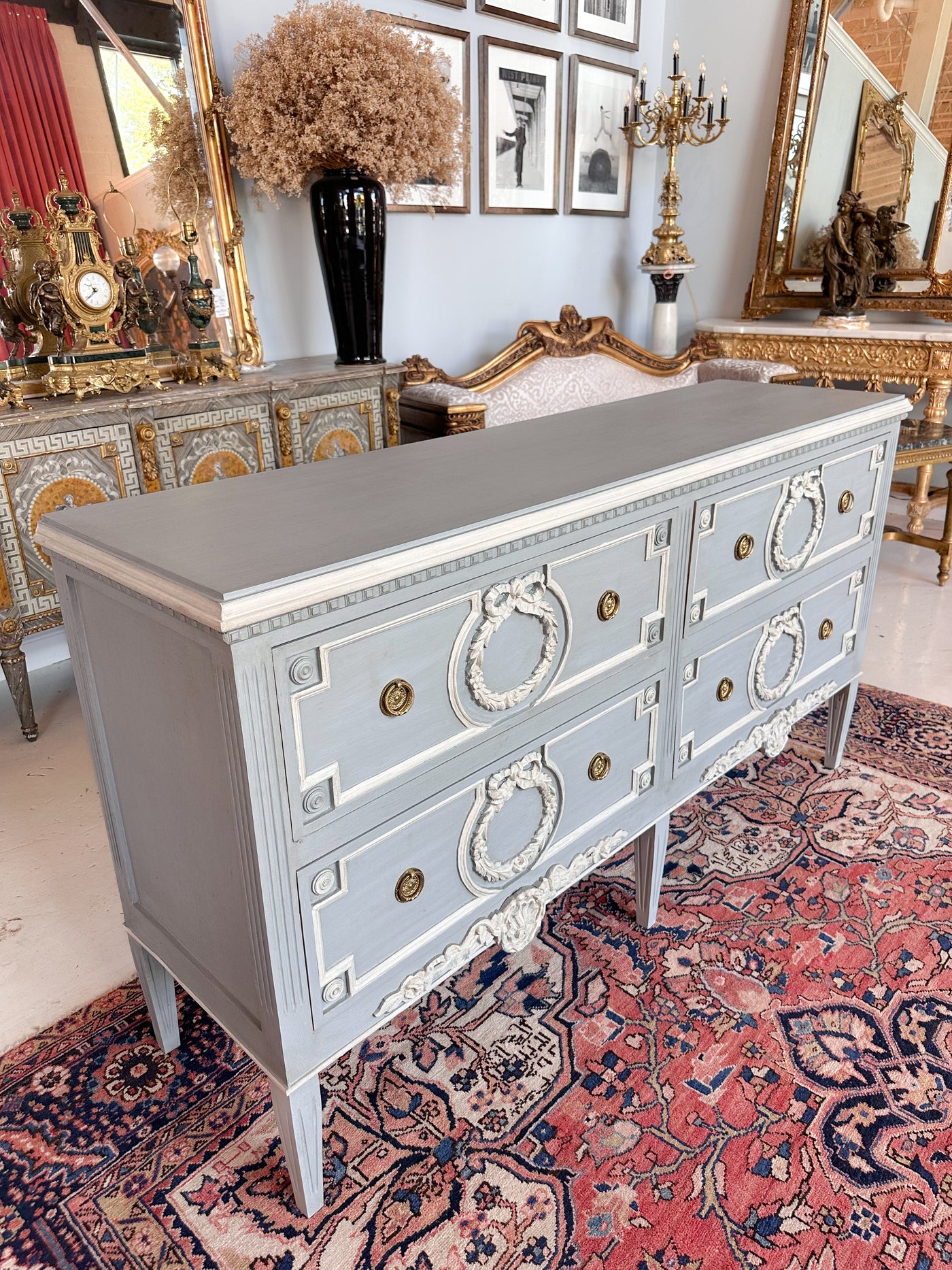 Swedish 4 Drawer Dresser in Soft Blue and White Trim