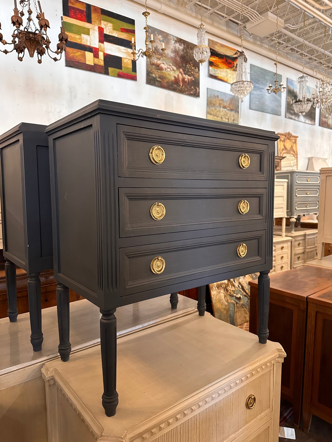 Antique Swedish Navy Blue Nightstand | Le Chateau | European Luxury Furniture in Atlanta