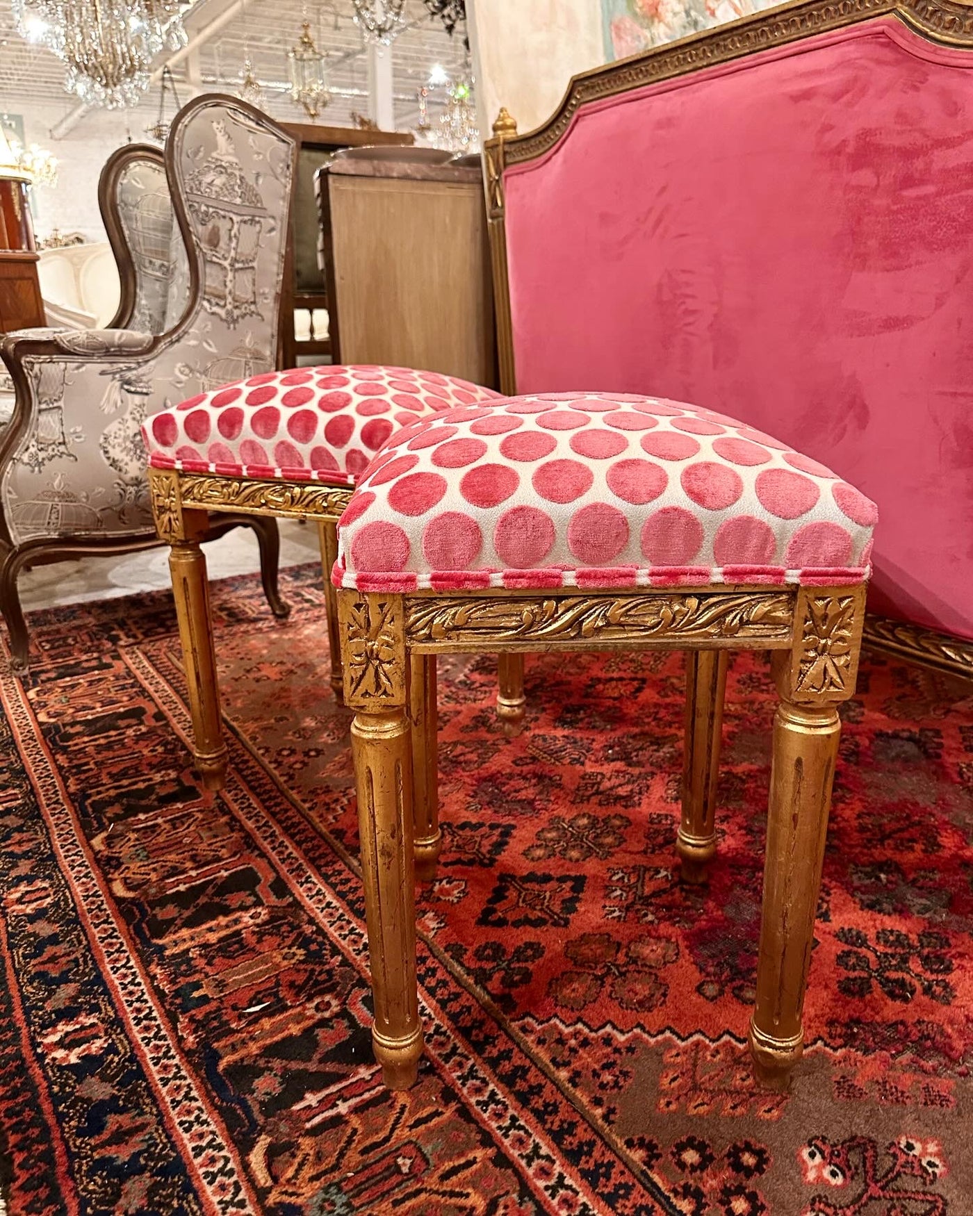 Louis XVI Pink Polka Dot Stool