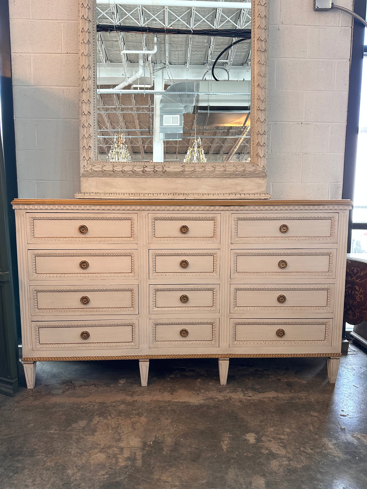 Swedish 12 Drawer Dresser in Dirty White with Gold Trim