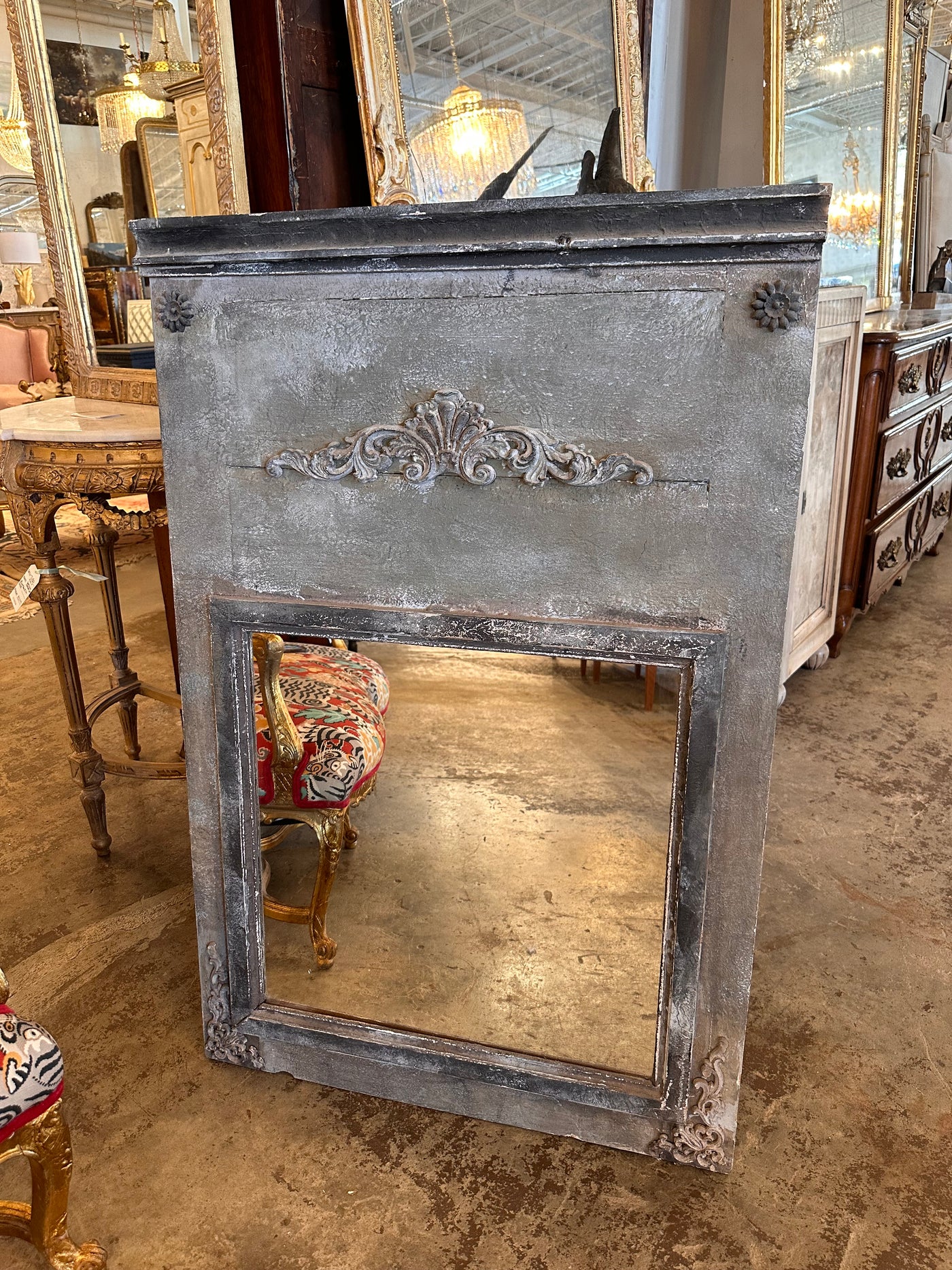 French Trumeau Mirror with Textured Blue/Grey Finish | Le Chateau | European Luxury Furniture in Atlanta