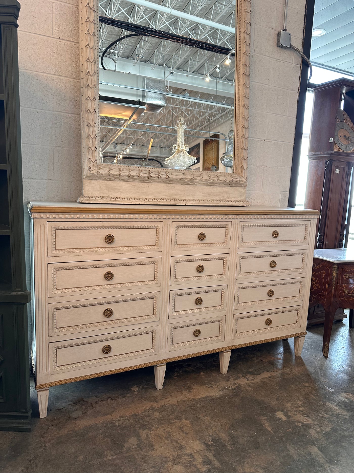 Swedish 12 Drawer Dresser in Dirty White with Gold Trim