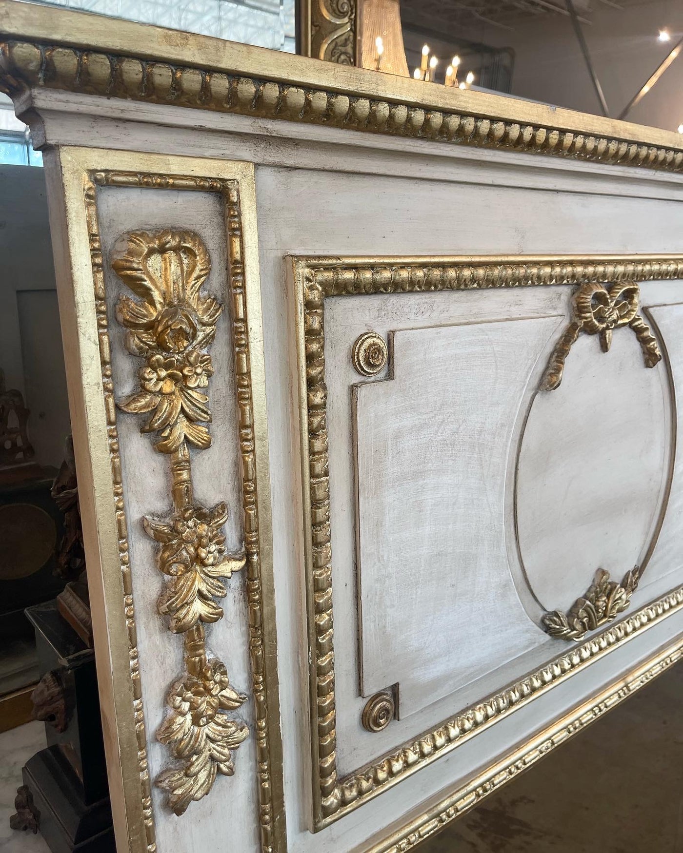 19th Century Trumeau Mirror in Antique White & Gold